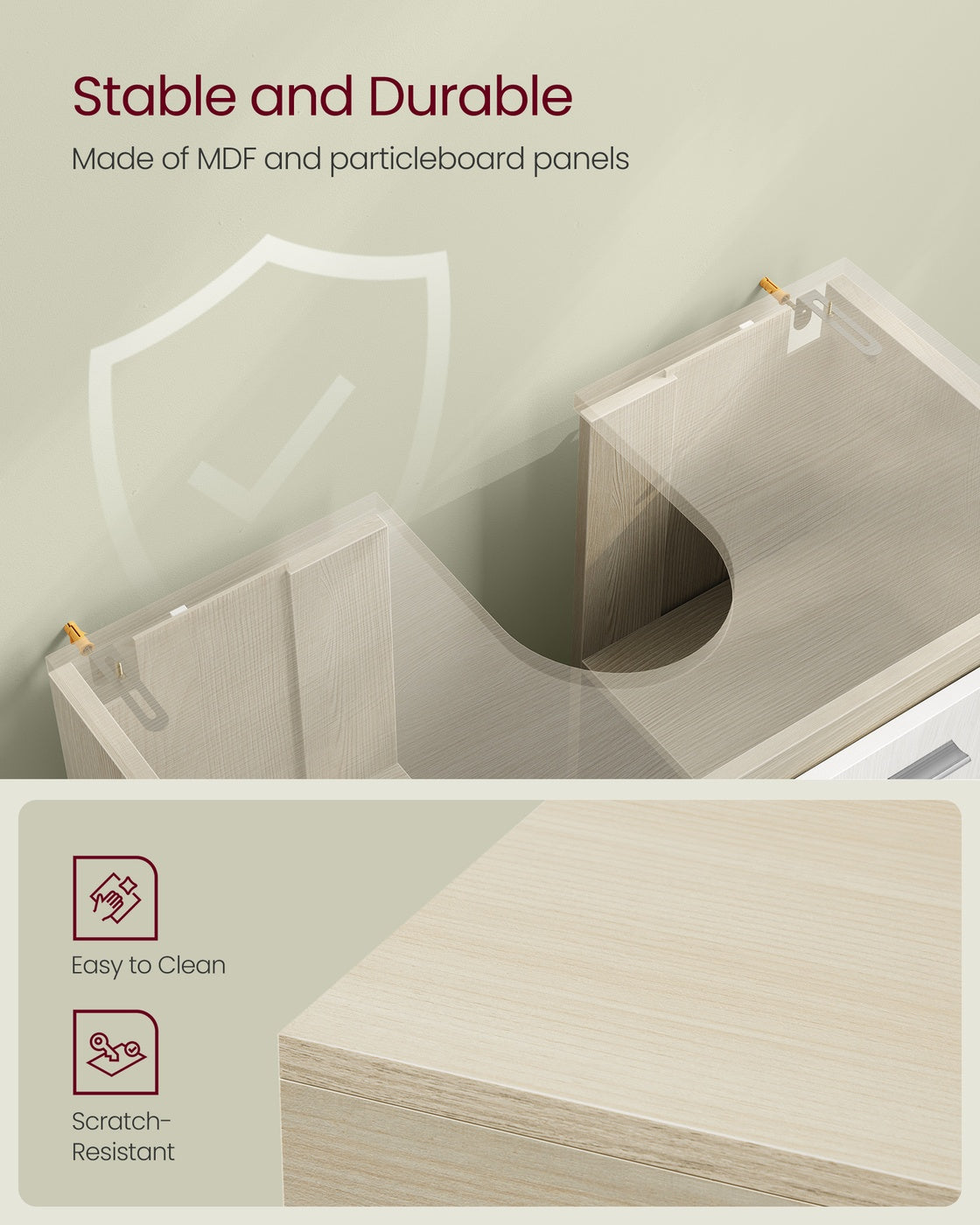 Under Sink Bathroom Cabinet 3 Drawers 2 Compartments - MDF and Wood - Cloud White and Natural Beige