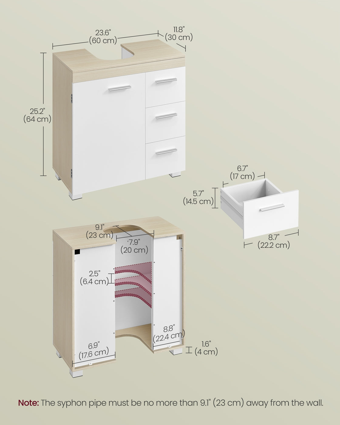 Under Sink Bathroom Cabinet 3 Drawers 2 Compartments - MDF and Wood - Cloud White and Natural Beige