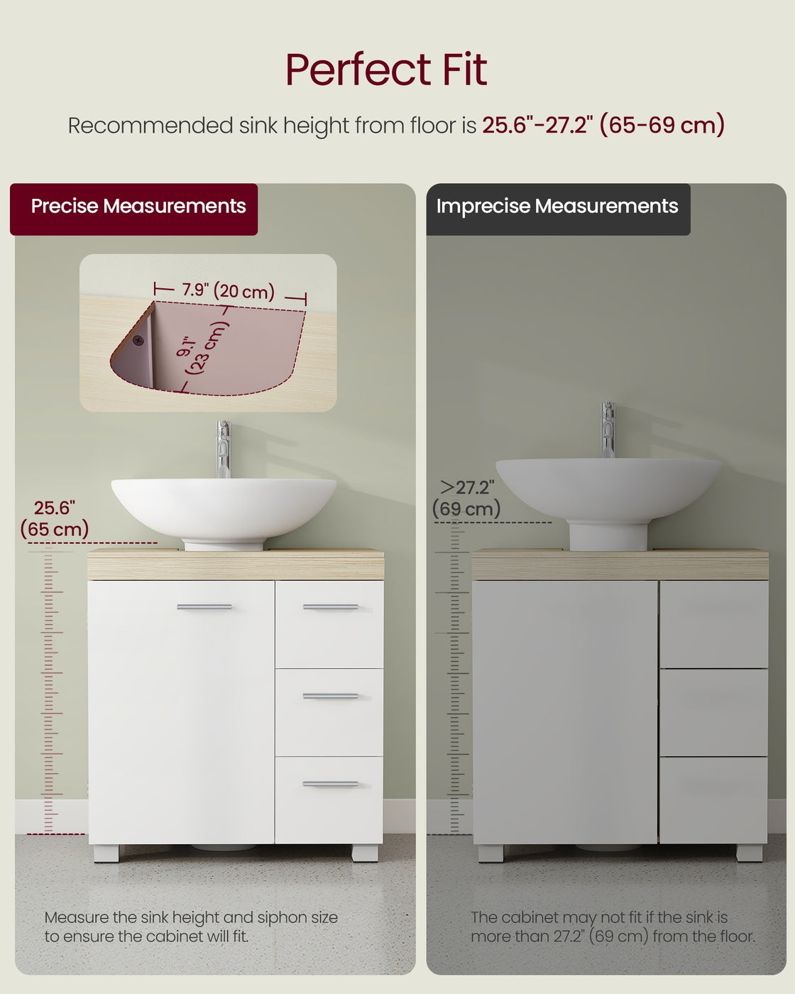 Under Sink Bathroom Cabinet 3 Drawers 2 Compartments - MDF and Wood - Cloud White and Natural Beige