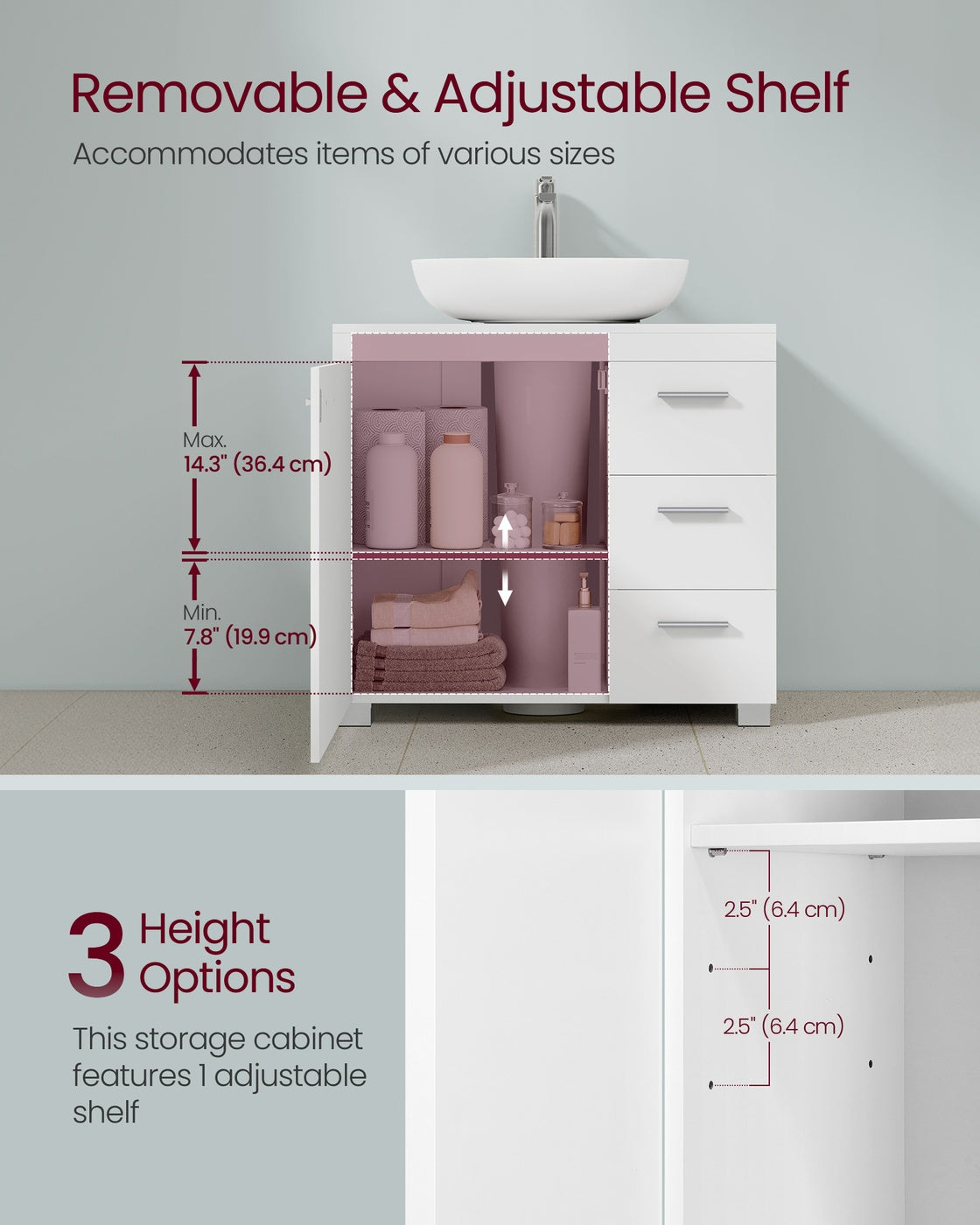 Under Sink Bathroom Cabinet 3 Drawers 2 Compartments - MDF and Wood - Cloud White