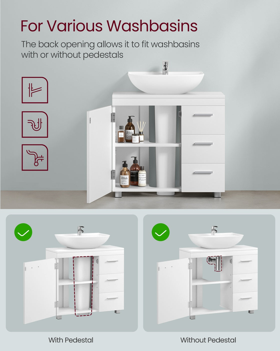 Under Sink Bathroom Cabinet 3 Drawers 2 Compartments - MDF and Wood - Cloud White