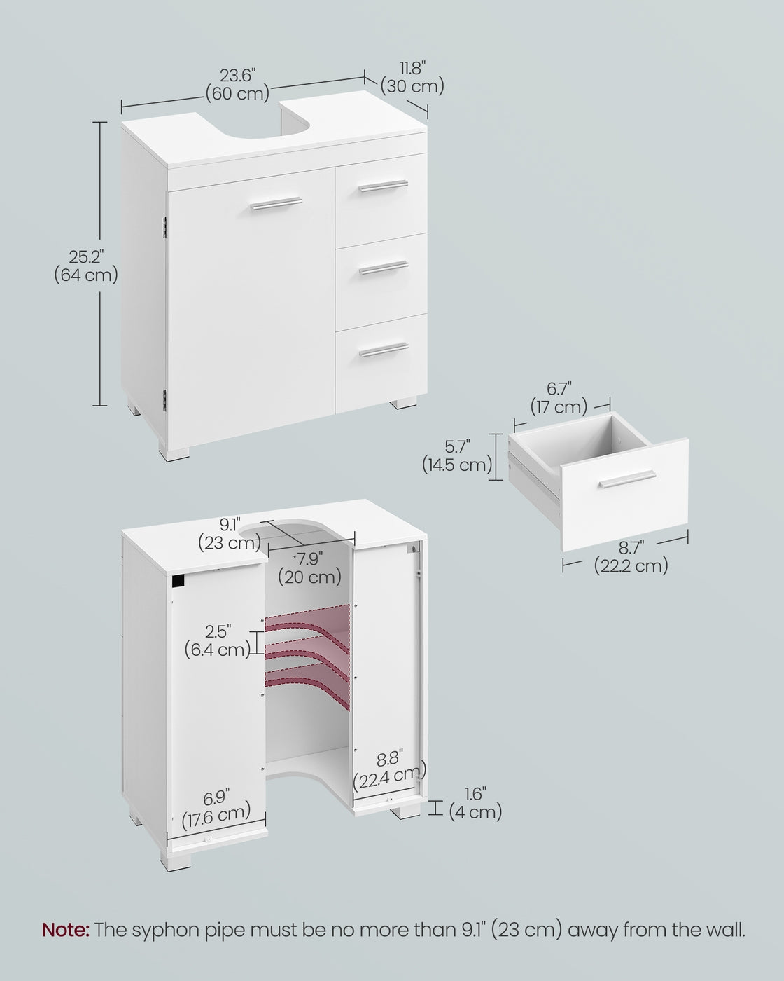 Under Sink Bathroom Cabinet 3 Drawers 2 Compartments - MDF and Wood - Cloud White