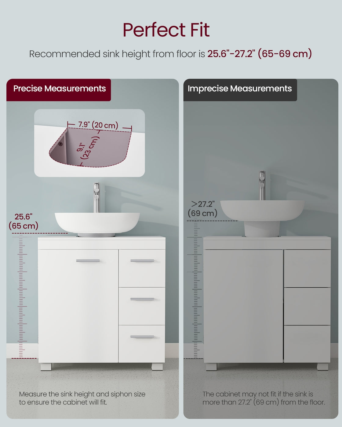 Under Sink Bathroom Cabinet 3 Drawers 2 Compartments - MDF and Wood - Cloud White