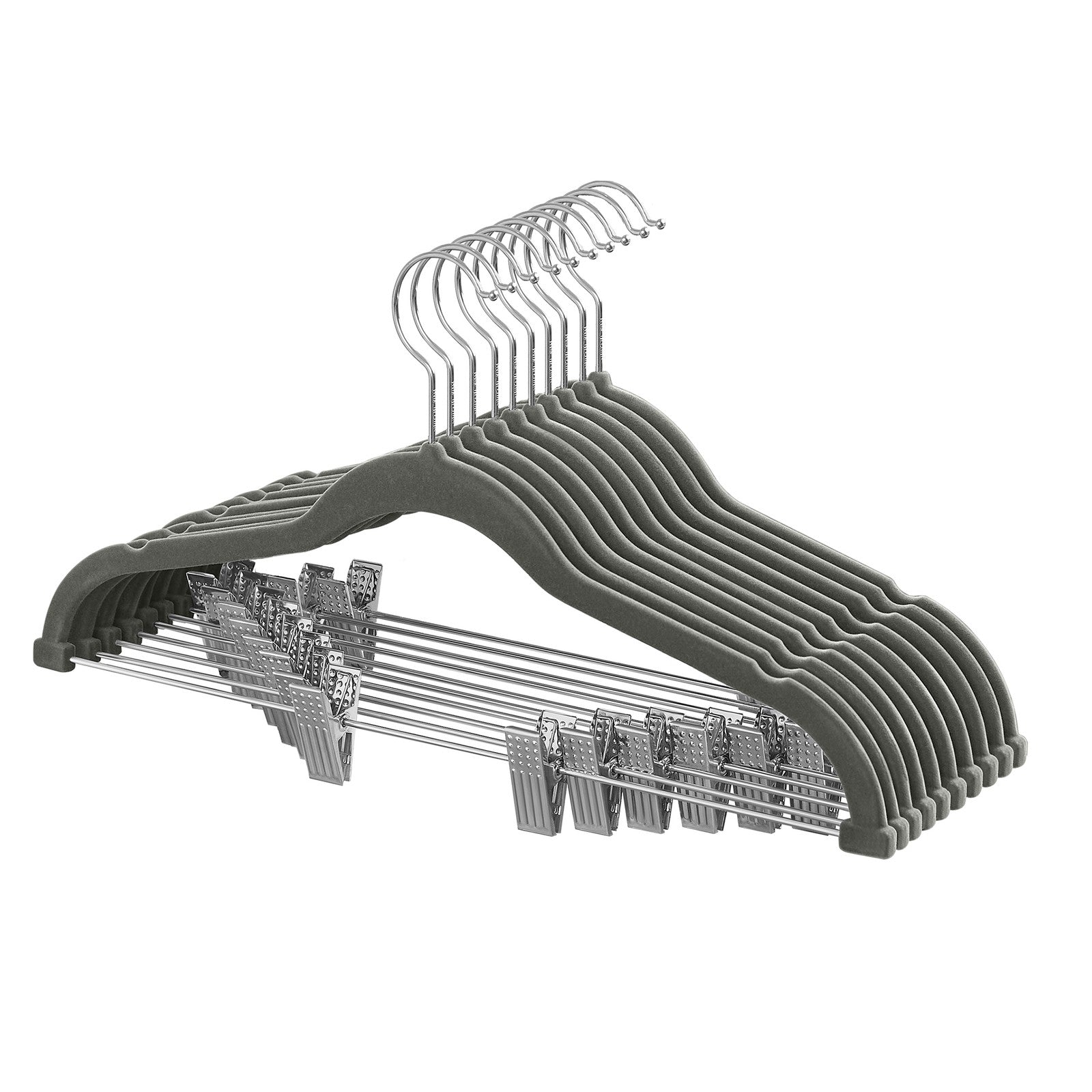 10-Pack Trouser Hangers - ABS Plastic and Nylon Velvet - Grey