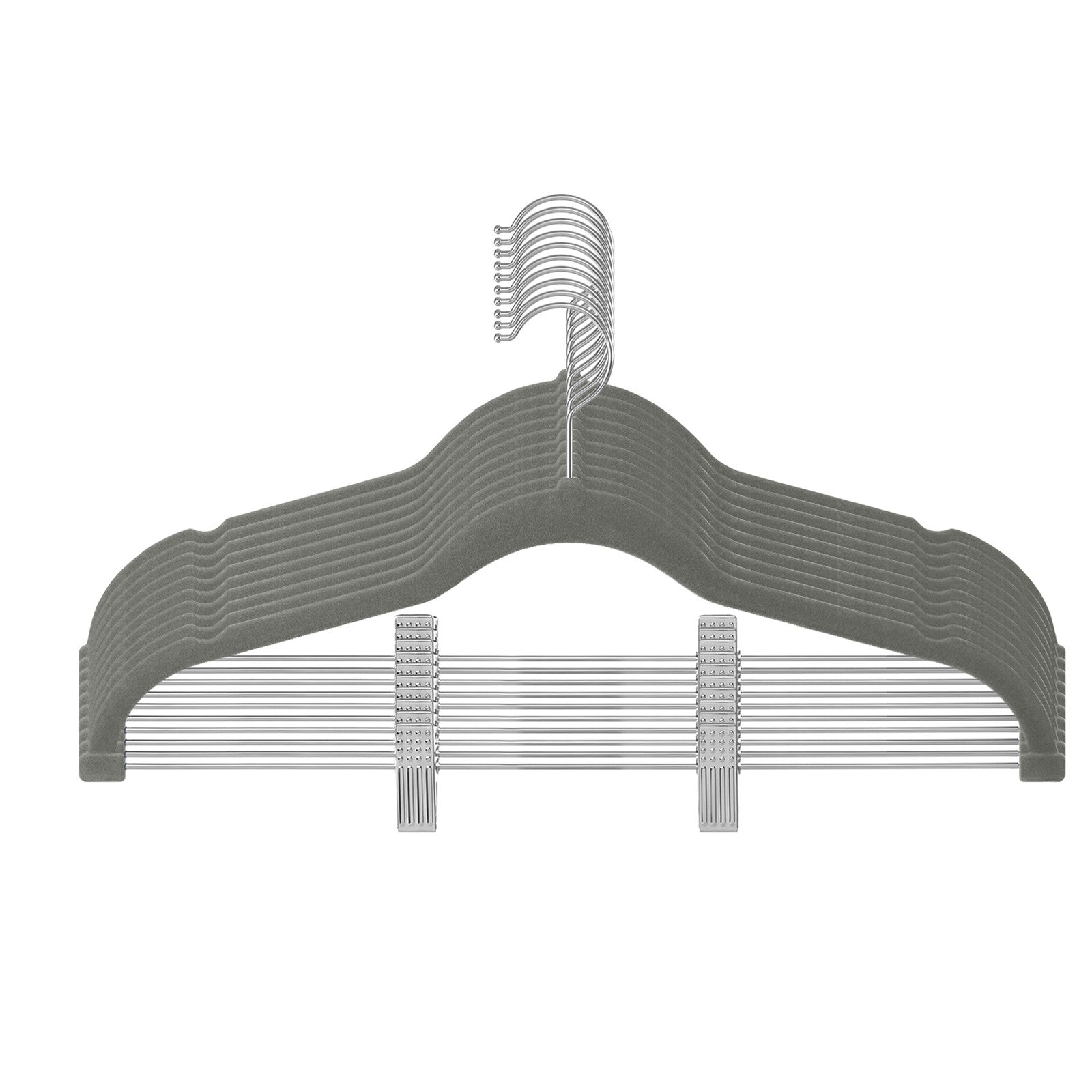 10-Pack Trouser Hangers - ABS Plastic and Nylon Velvet - Grey