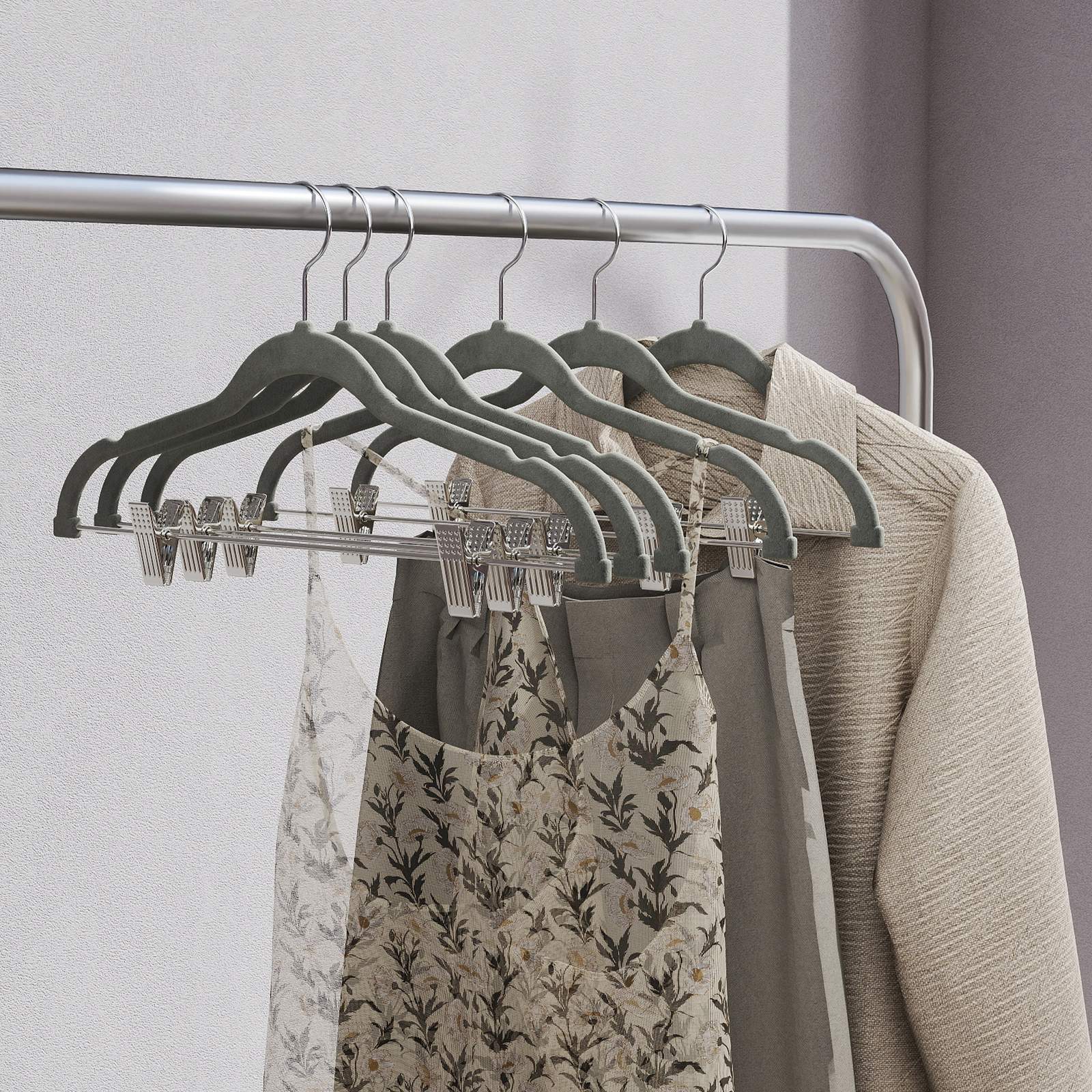 10-Pack Trouser Hangers - ABS Plastic and Nylon Velvet - Grey
