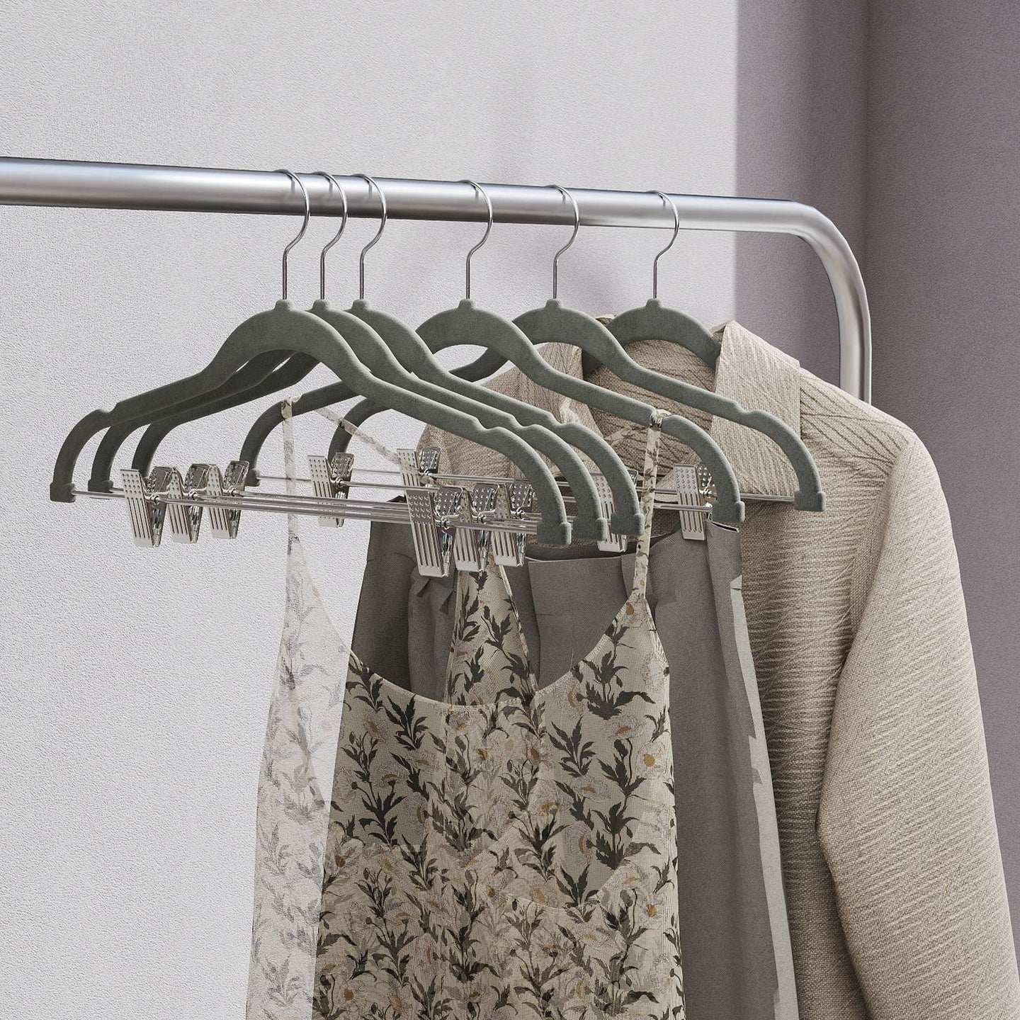 10-Pack Trouser Hangers - ABS Plastic and Nylon Velvet - Grey