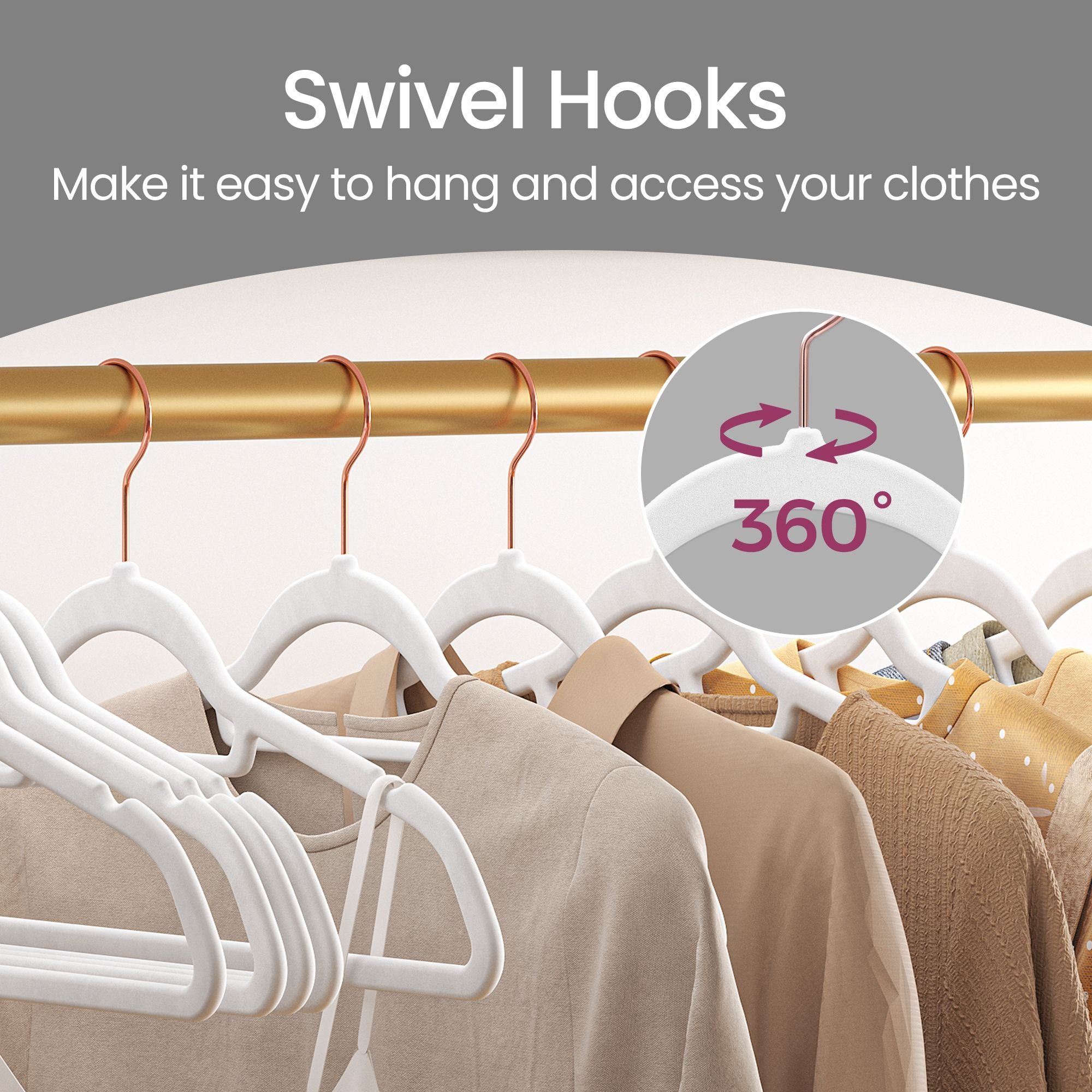 Velvet Hangers - Velvet - Cloud White - Set of 50 with Rose Gold Swivel Hook and Non-Slip Design
