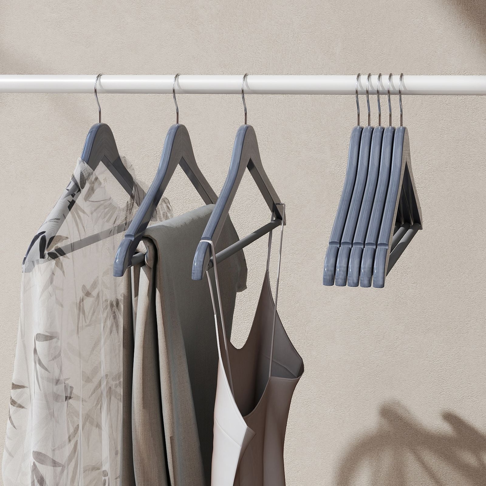 Wooden Coat Hangers - Solid Wood - Natural - Set of 20 with Shoulder Grooves and Non-Slip Bar