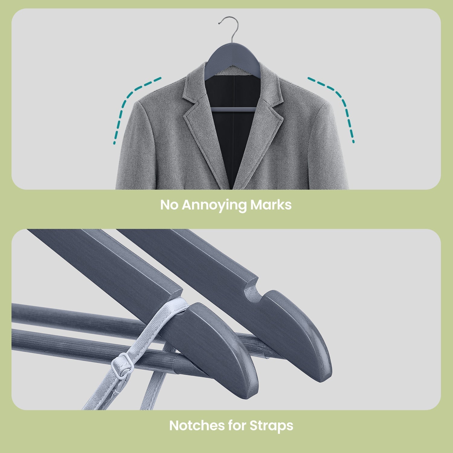 Wooden Coat Hangers - Solid Wood - Natural - Set of 20 with Shoulder Grooves and Non-Slip Bar