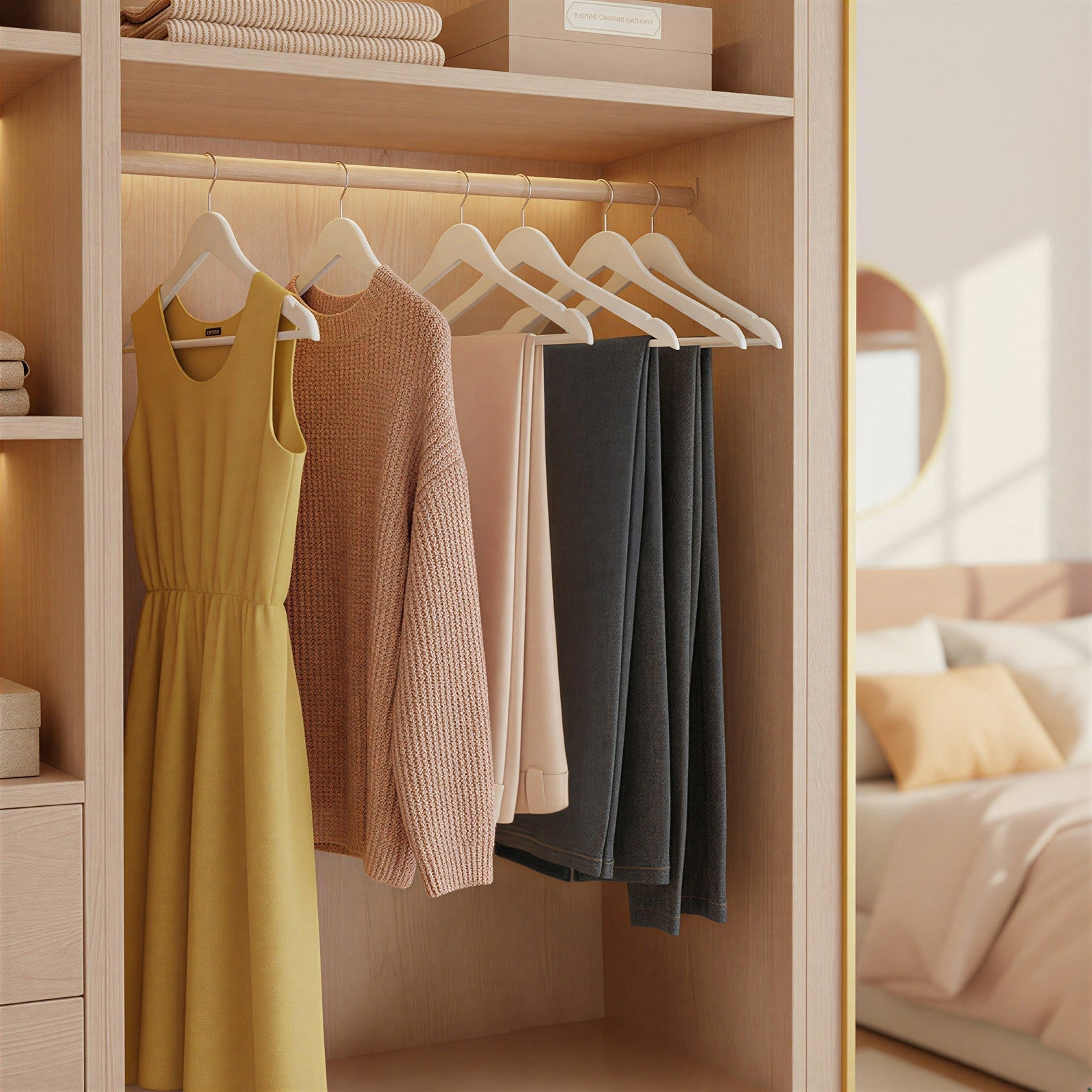 Set of 30 Clothes Hangers - Solid Birch Wood - Natural Beige - Space Saving Design with 360° Swivel Hooks