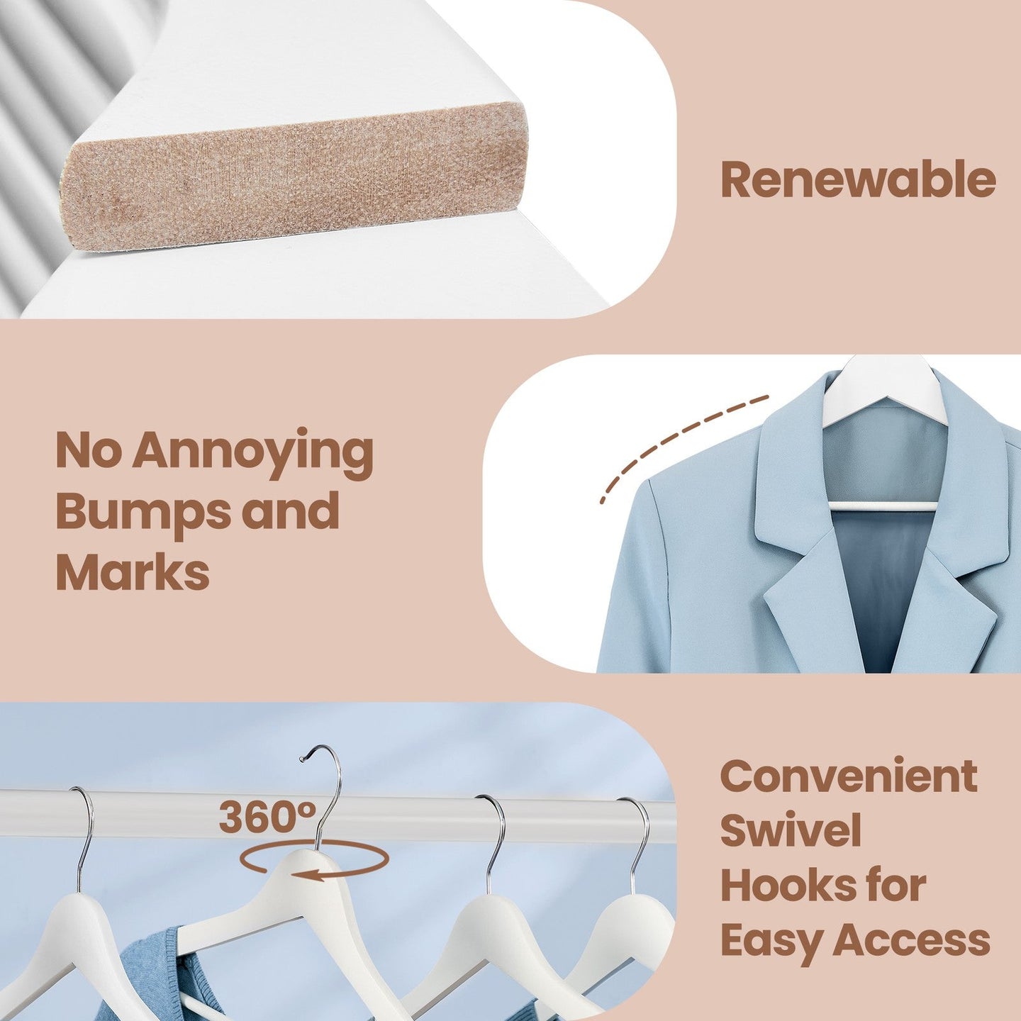 Set of 30 Clothes Hangers - Solid Birch Wood - Natural Beige - Space Saving Design with 360° Swivel Hooks