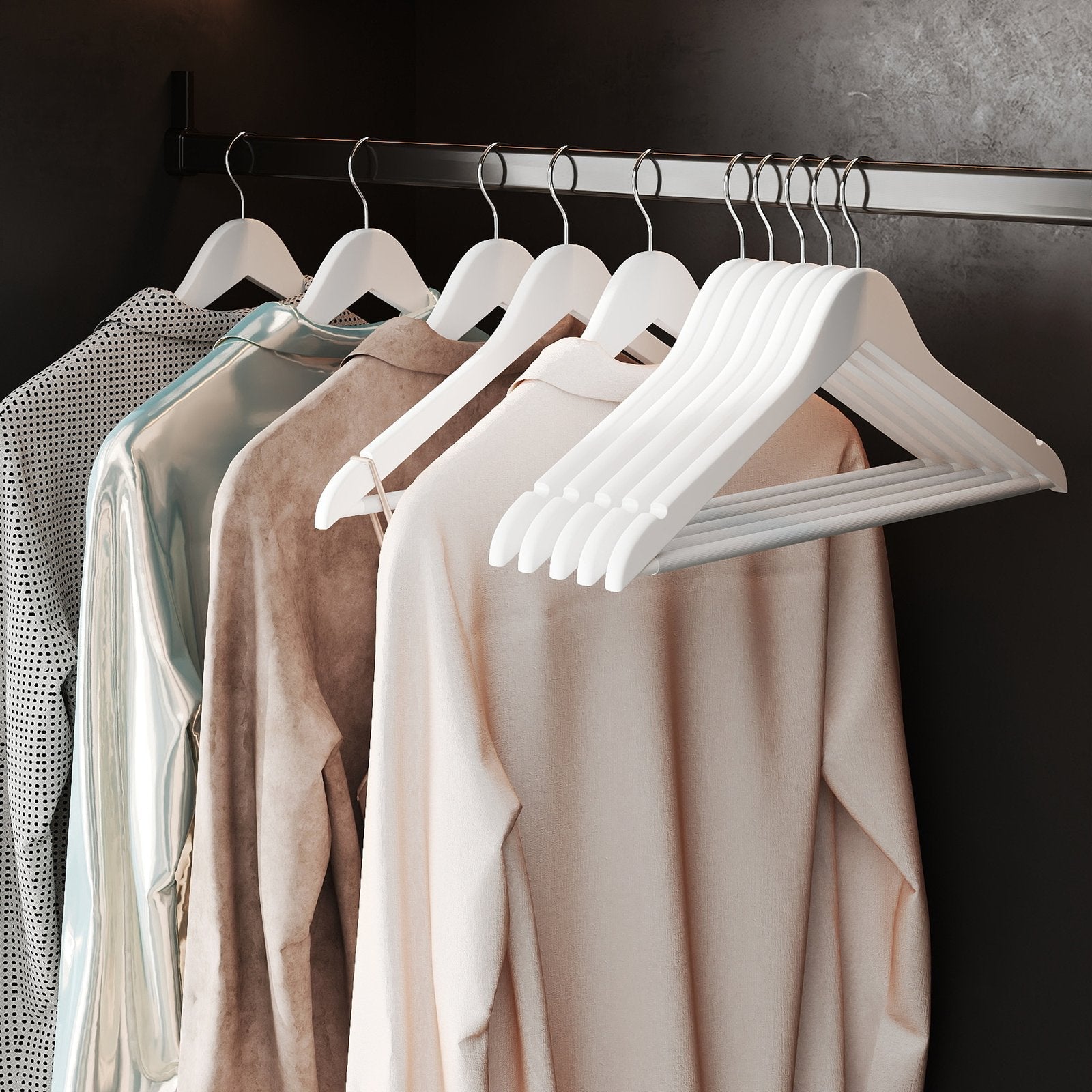 Wooden Coat Hangers - Solid Wood - White - Set of 10 with Shoulder Grooves and Anti-Slip Trousers Bar