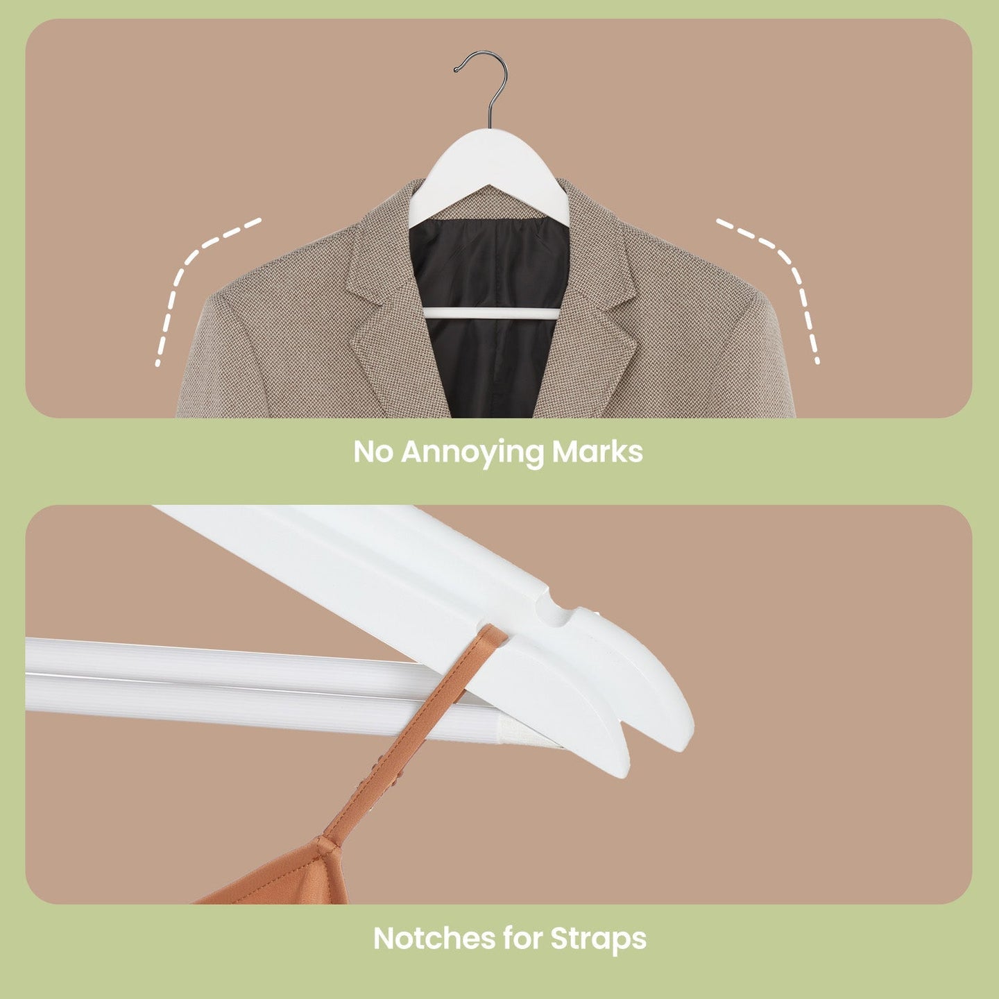 Wooden Coat Hangers - Solid Wood - White - Set of 10 with Shoulder Grooves and Anti-Slip Trousers Bar