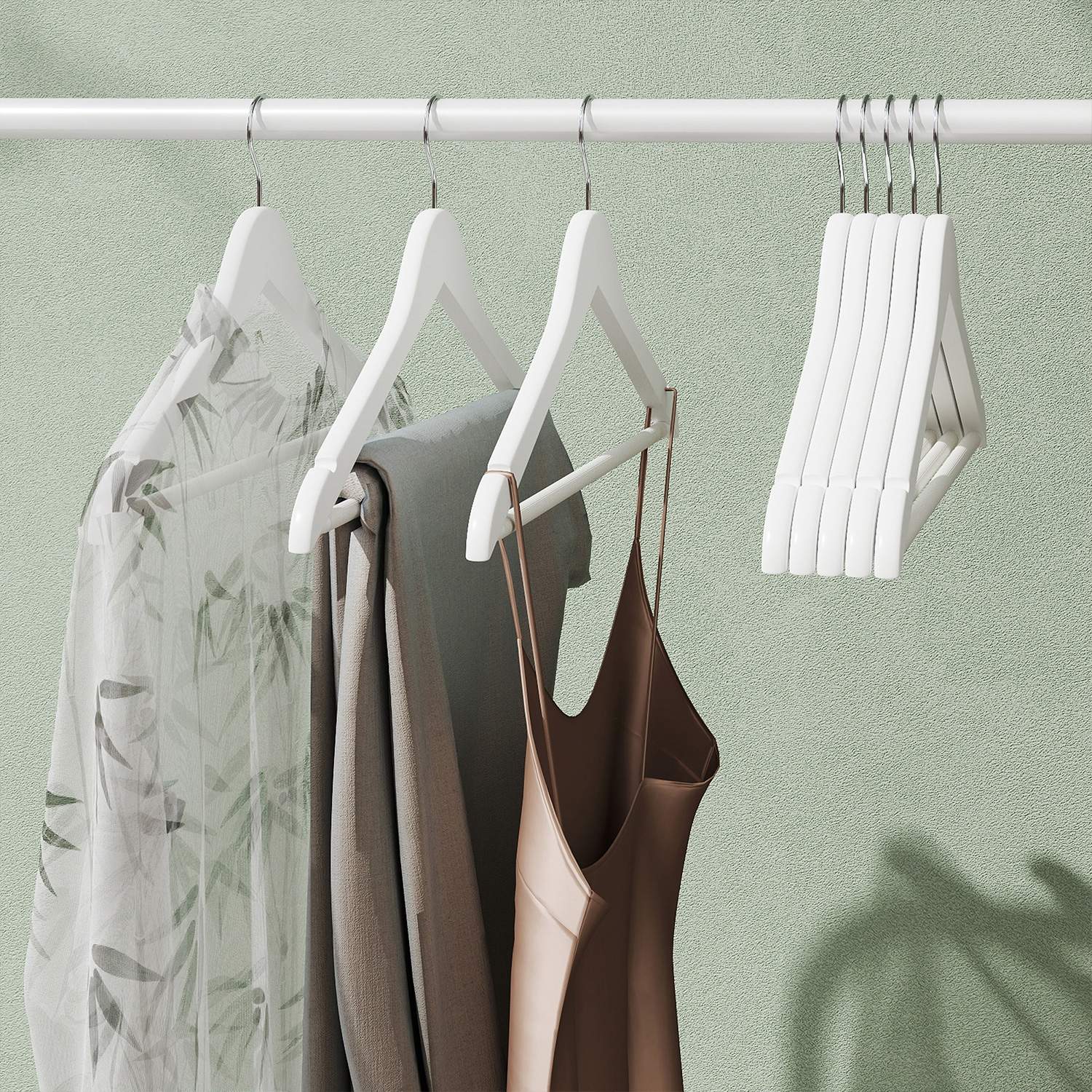 Wooden Coat Hangers - Solid Wood - White - Set of 10 with Shoulder Grooves and Anti-Slip Trousers Bar