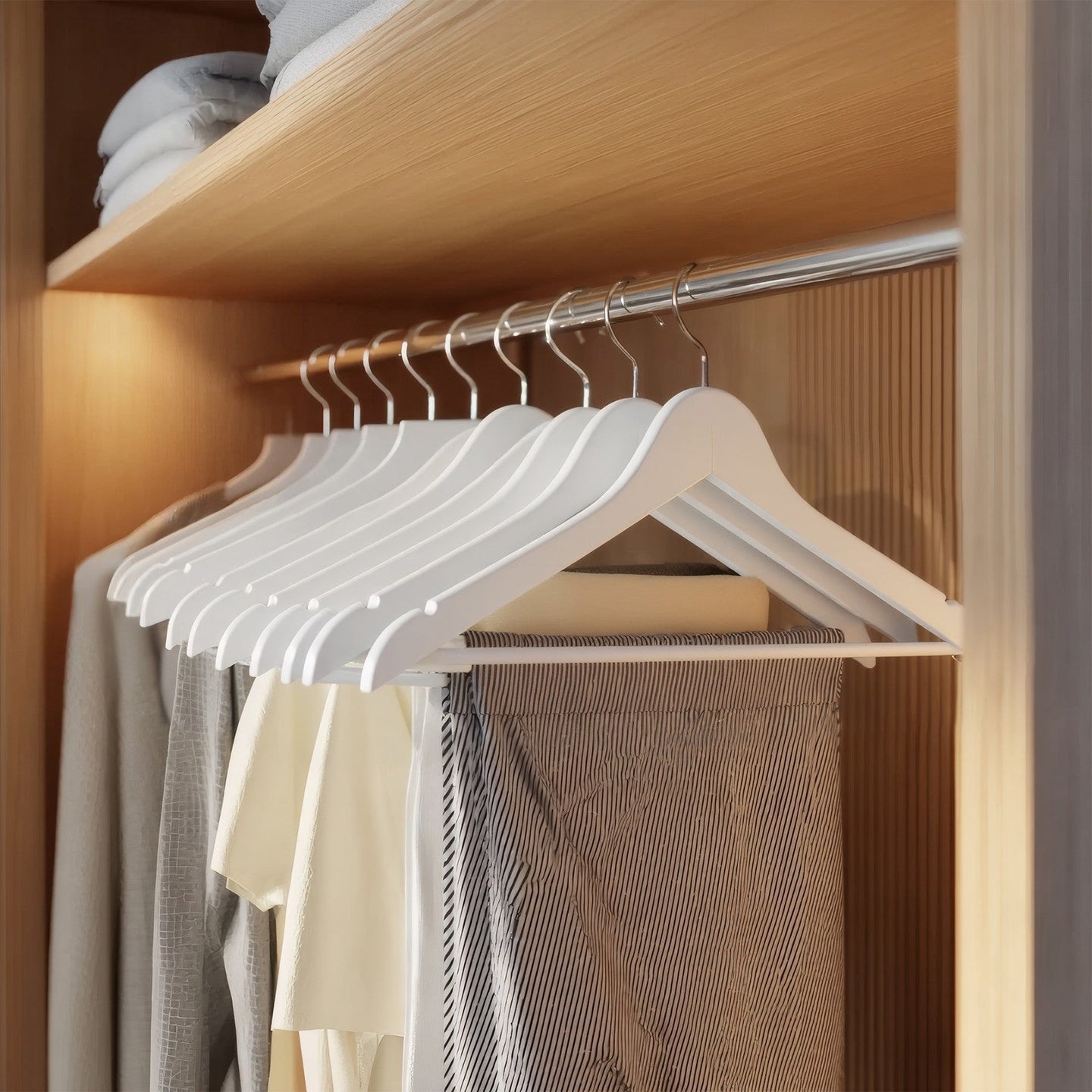 Set of 20 Solid Birch Wood Clothes Hangers - 360° Swivel Hooks - Natural Beige