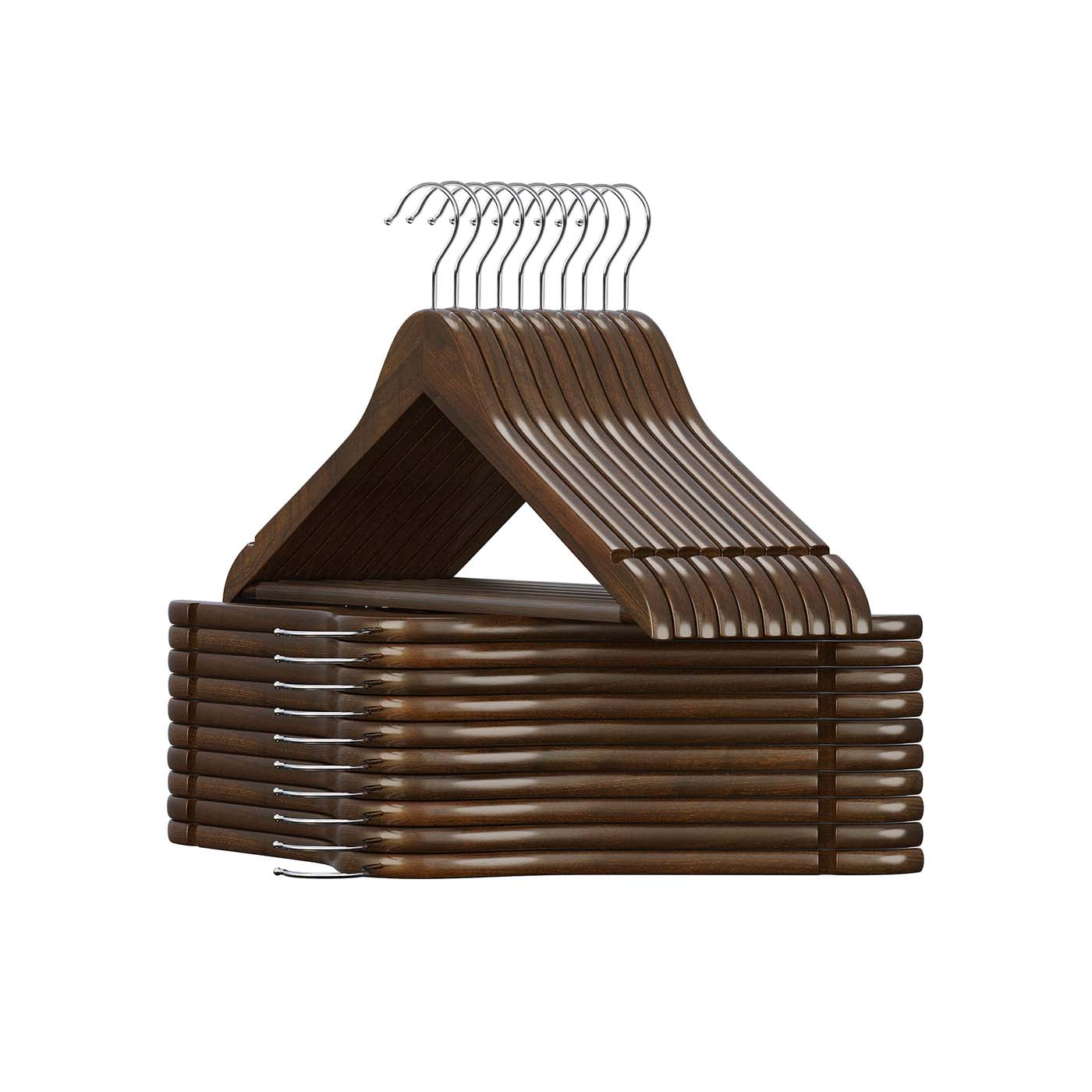 Wood Hangers - Maple Wood - Dark Walnut - 20-Pack with Shoulder Notches and Trousers Bar