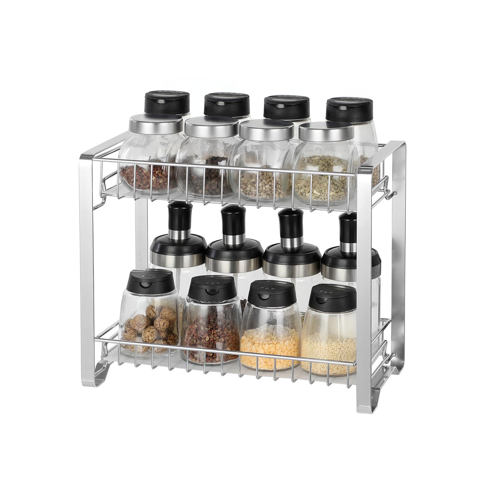 Spice Rack Organizer - Metal - Silver - 2-Tier with Anti-Slip Feet and Plastic Shelf Liner