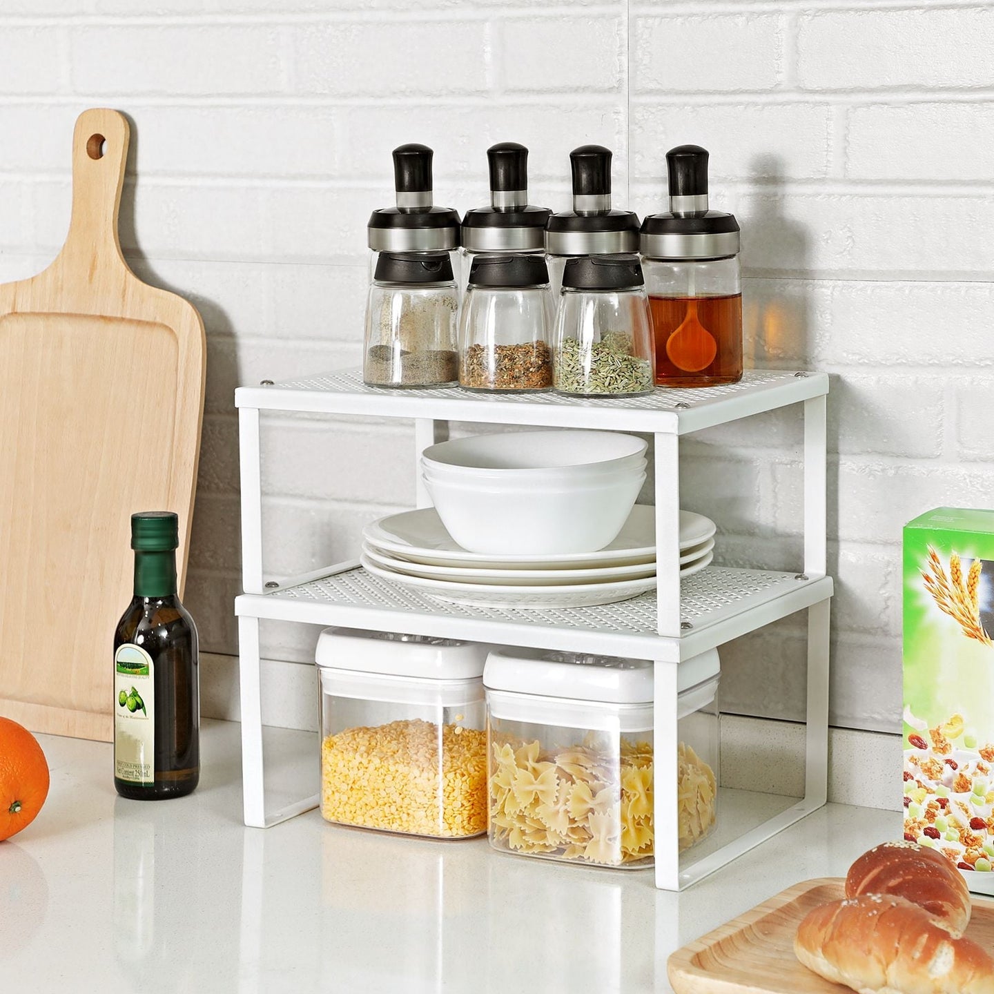 Set of 2 Cupboard Organisers - Metal - White - Stackable and Expandable Kitchen Storage Shelves