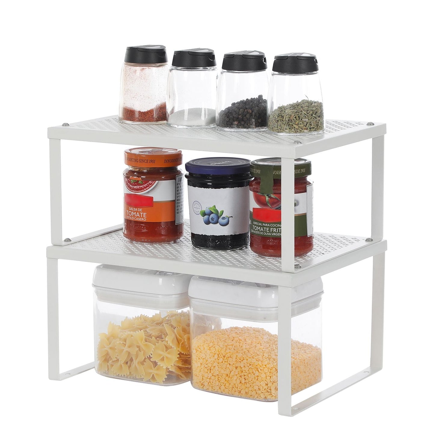 Set of 2 Cupboard Organisers - Metal - White - Stackable and Expandable Kitchen Storage Shelves