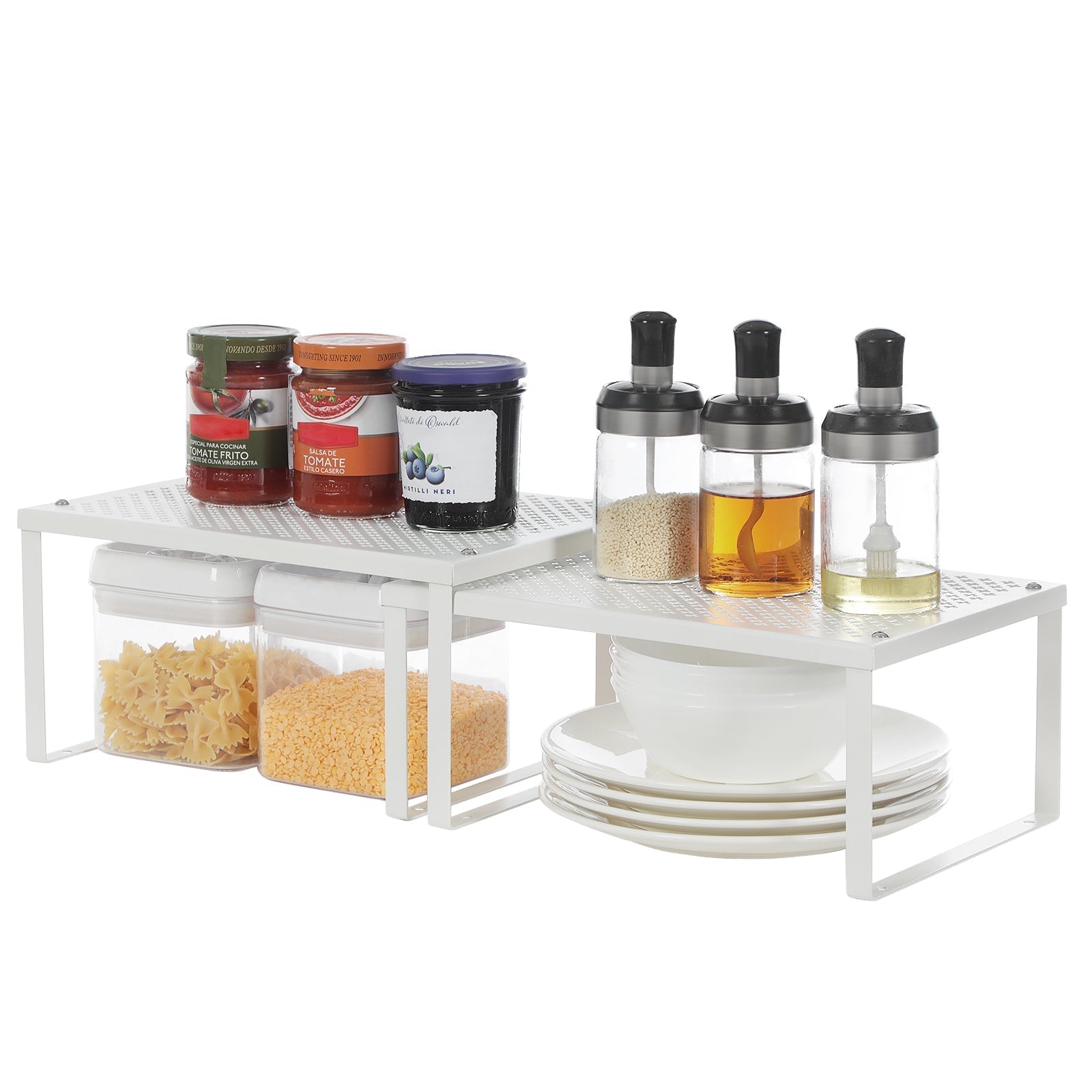 Set of 2 Cupboard Organisers - Metal - White - Stackable and Expandable Kitchen Storage Shelves