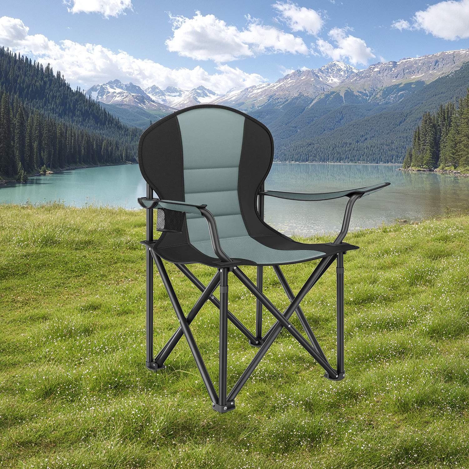 Folding Camping Chair - Heavy-Duty Metal - Grey and Black - Padded Seat with Cup Holder