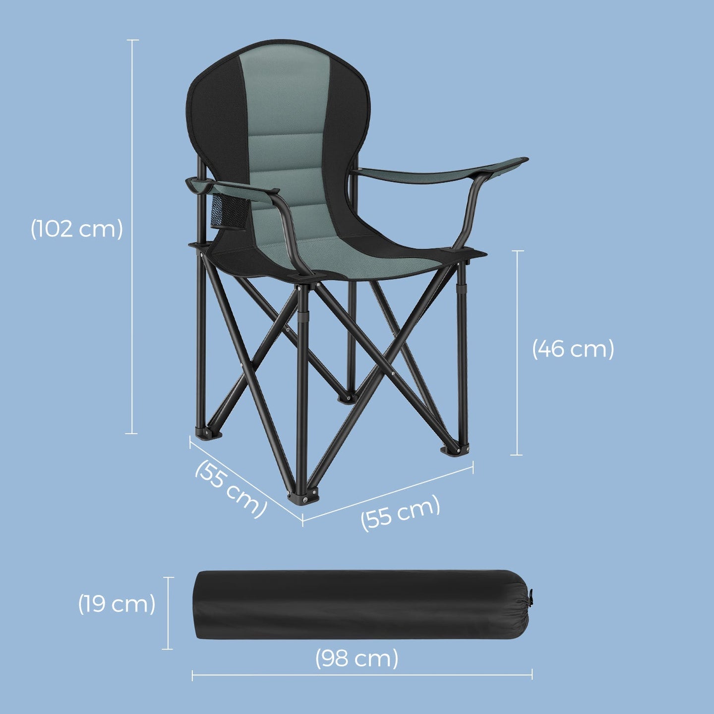 Folding Camping Chair - Heavy-Duty Metal - Grey and Black - Padded Seat with Cup Holder