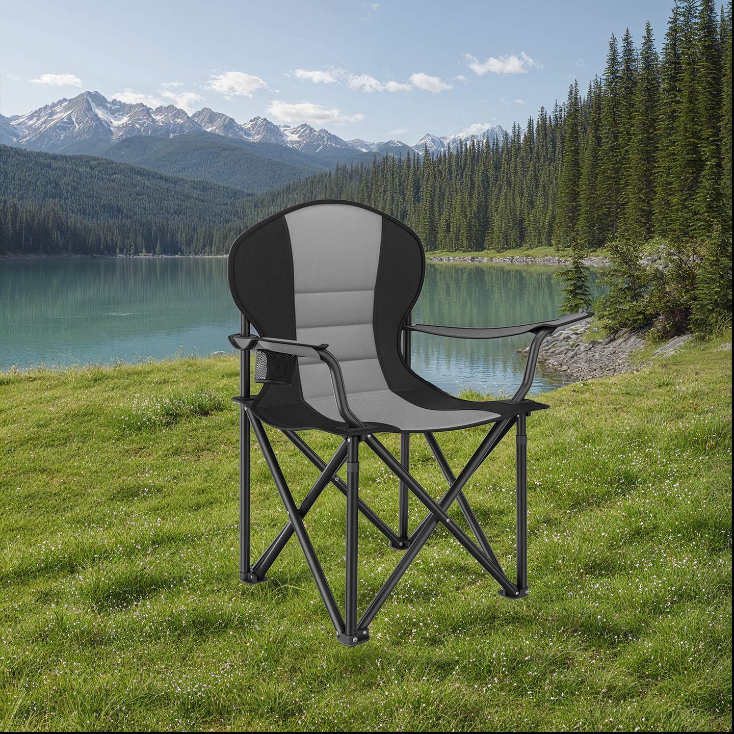 Folding Camping Chair - Heavy-Duty Metal - Grey and Black - Padded Seat with Cup Holder