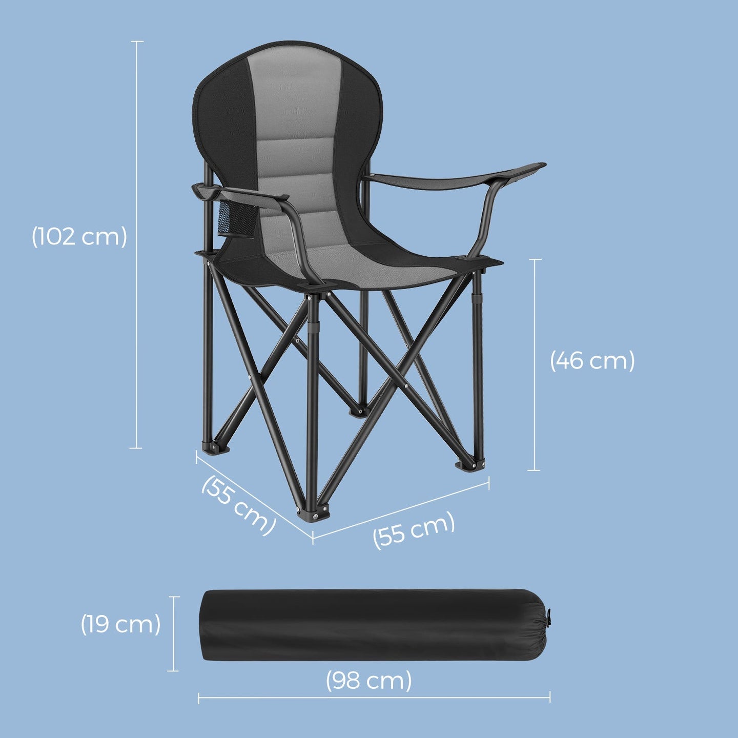 Folding Camping Chair - Heavy-Duty Metal - Grey and Black - Padded Seat with Cup Holder