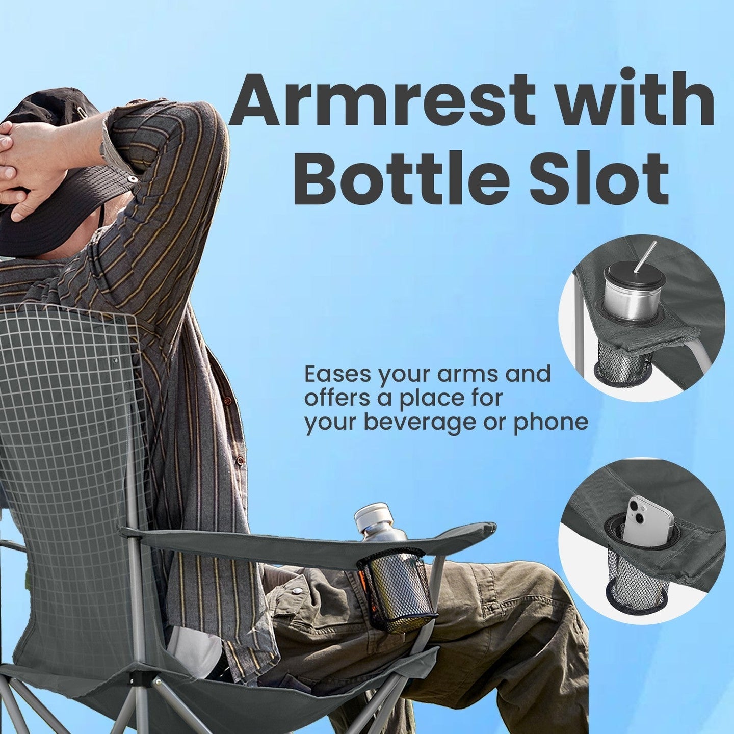 Set of 2 Folding Heavy-Duty Camping Chairs - Metal Frame - Slate Gray - Includes Cup Holder