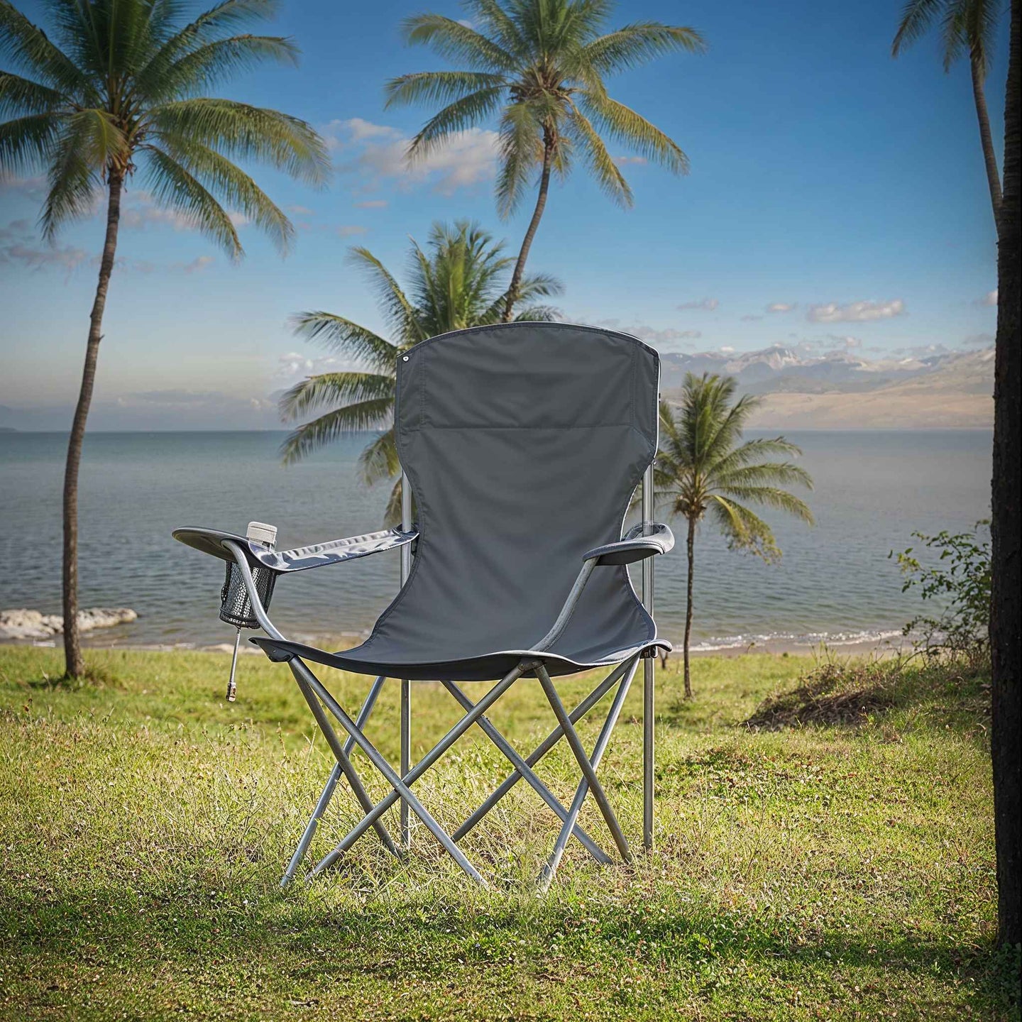 Set of 2 Folding Heavy-Duty Camping Chairs - Metal Frame - Slate Gray - Includes Cup Holder