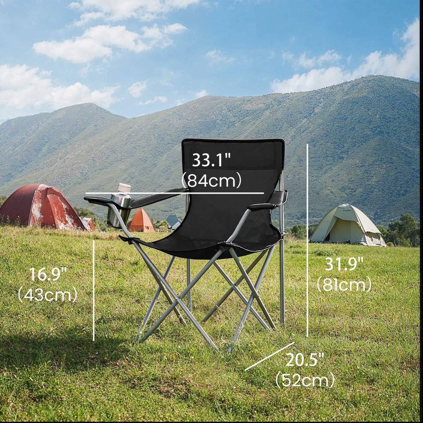 Set of 2 Outdoor Folding Camping Chairs - Metal - Black - Lightweight with Armrests