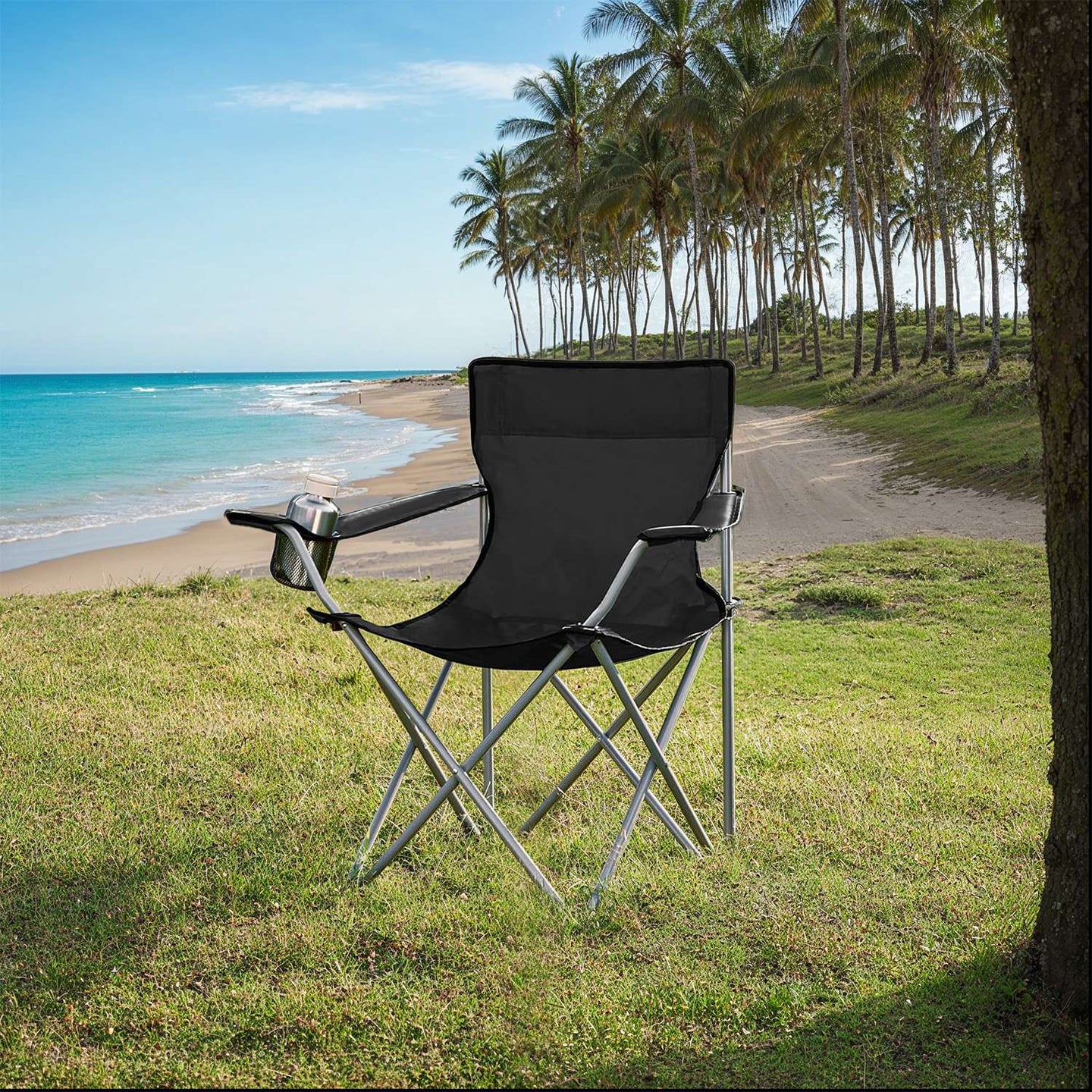 Set of 2 Outdoor Folding Camping Chairs - Metal - Black - Lightweight with Armrests