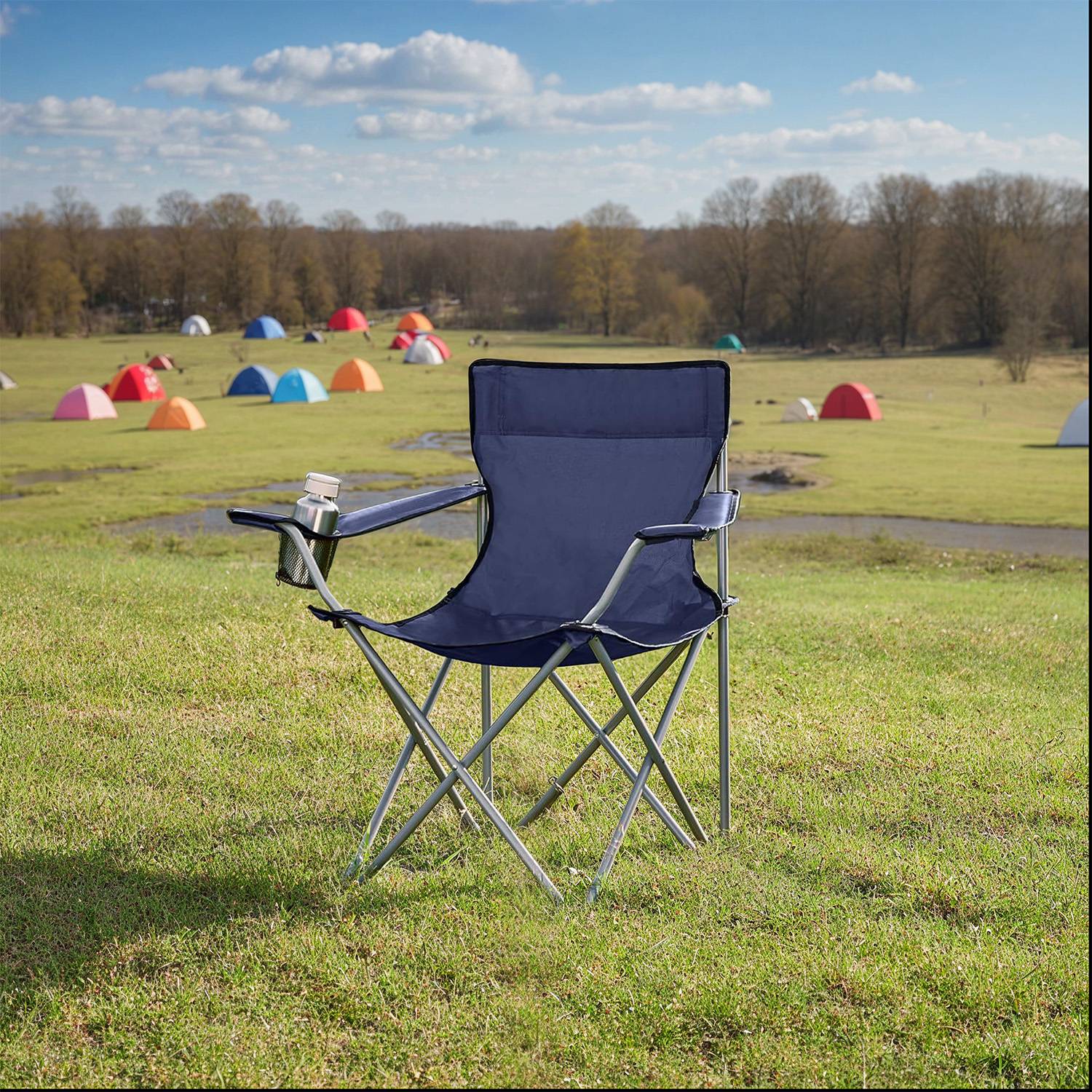 Set of 2 Outdoor Folding Camping Chairs - Metal - Black - Lightweight with Armrests