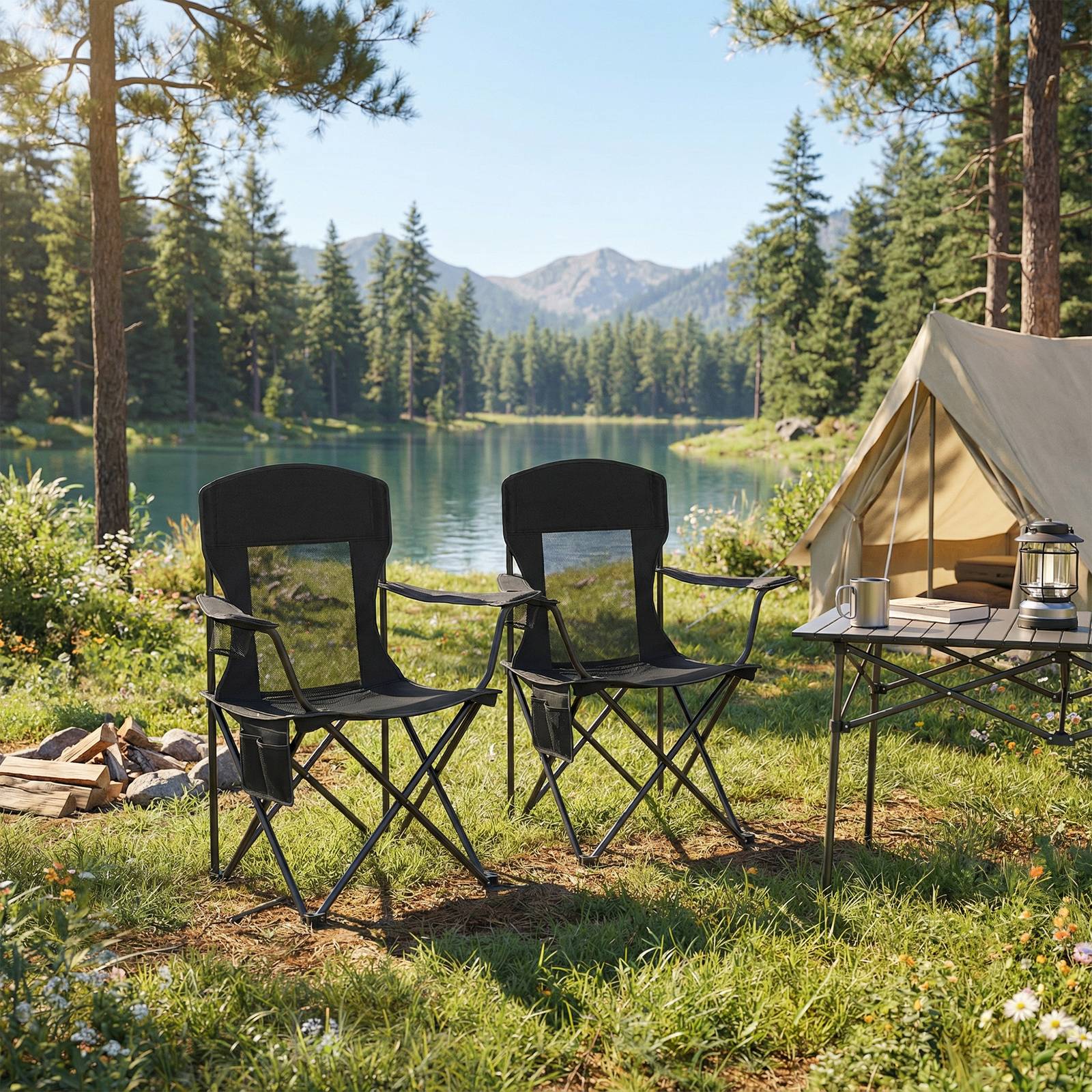 Foldable Camping Chairs Set of 2 - High Back