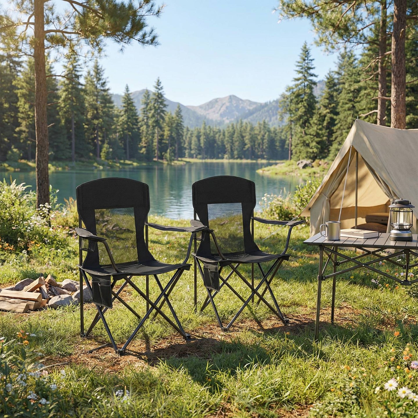 Foldable Camping Chairs Set of 2 - High Back