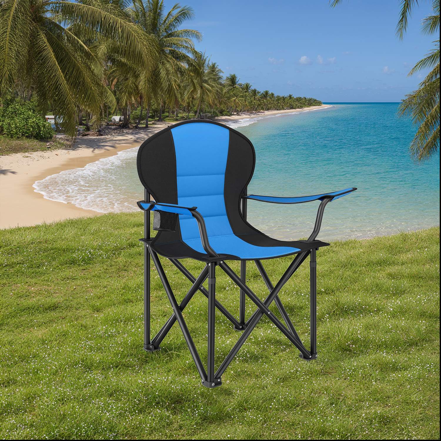 Folding Camping Chair - Heavy-Duty Metal - Grey and Black - Padded Seat with Cup Holder