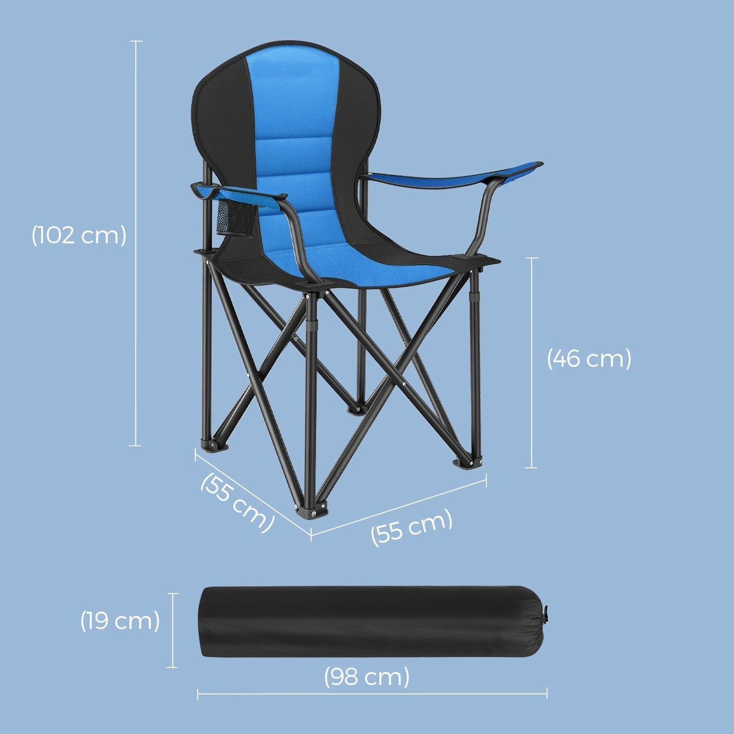 Folding Camping Chair - Heavy-Duty Metal - Grey and Black - Padded Seat with Cup Holder