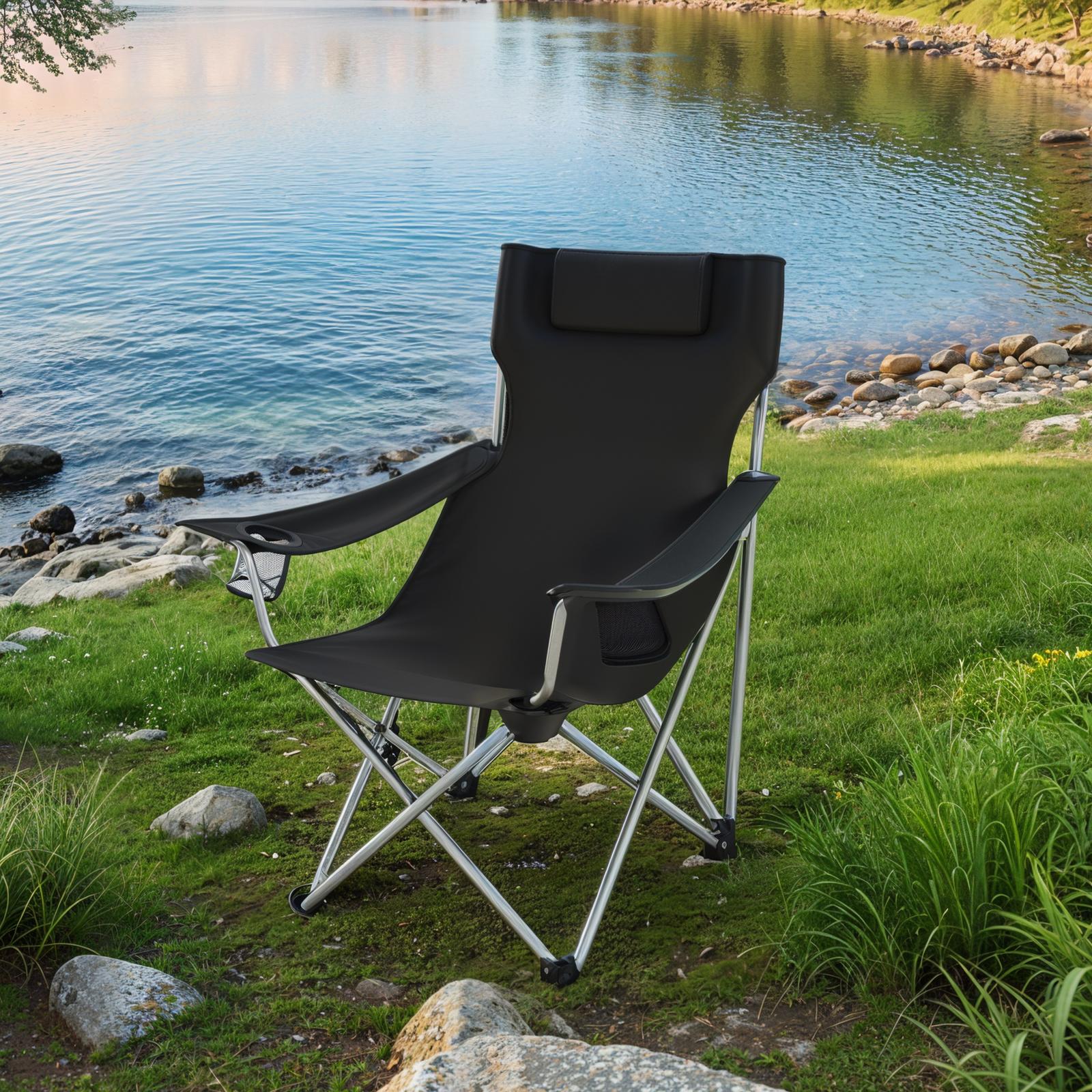Folding Camping Chair - Metal Frame - Black - with Armrests
