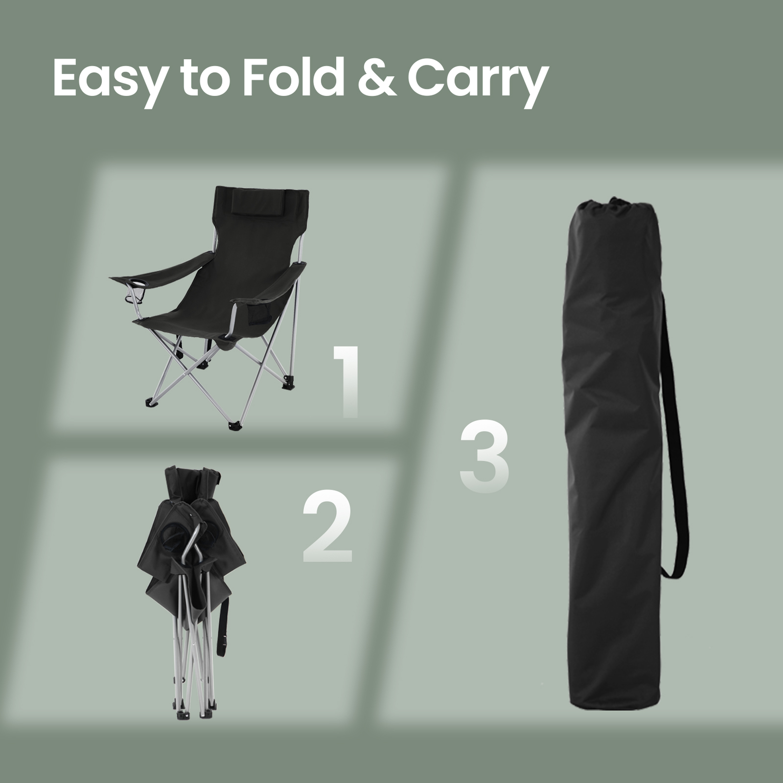 Folding Camping Chair - Metal Frame - Black - with Armrests