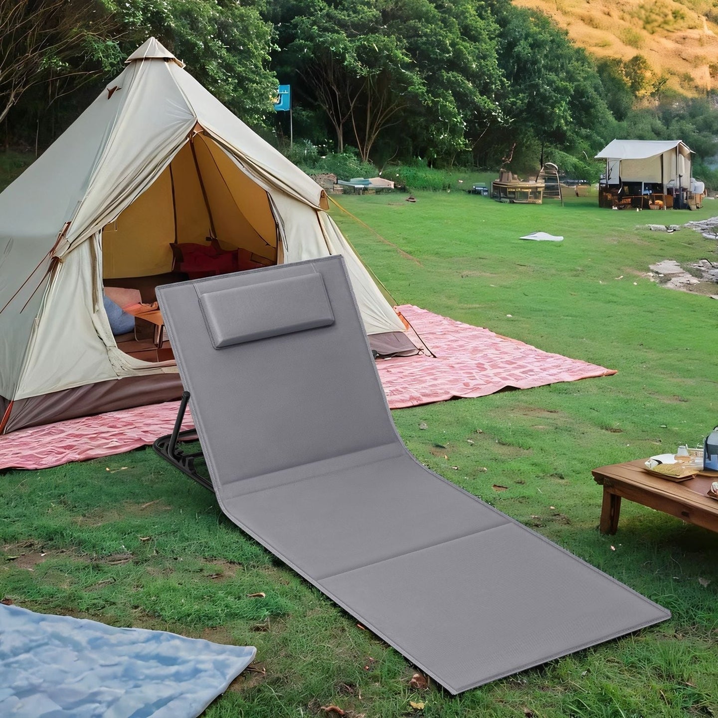 Folding Beach Sunlounger - Lightweight Fabric - Slate Grey - Portable with Reclining Backrest