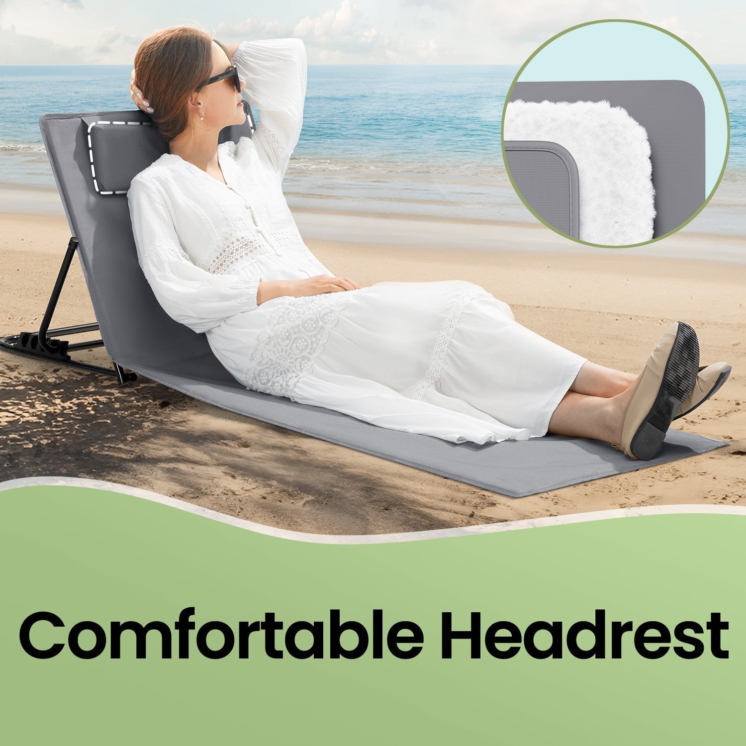 Folding Beach Sunlounger - Lightweight Fabric - Slate Grey - Portable with Reclining Backrest