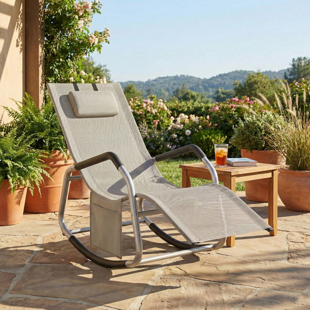 Outdoor Recliner Chair - 59.4D x 22W x 35.4H - Steel Frame - Adjustable Headrest