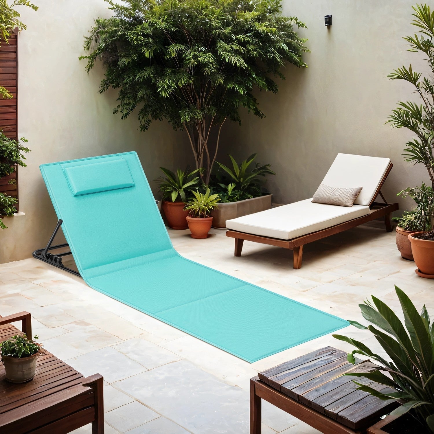 Set of 2 Folding Beach Sunloungers - Lightweight Fabric - Slate Grey - Reclining Backrest