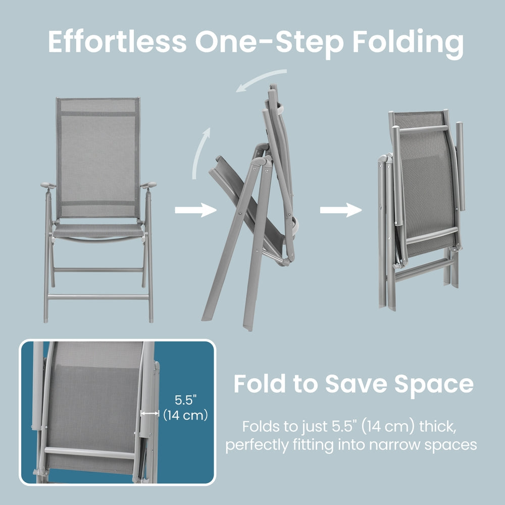 Folding Outdoor Garden Chairs - Set of 4 - Aluminium Structure - 8-Position Reclining Backrest