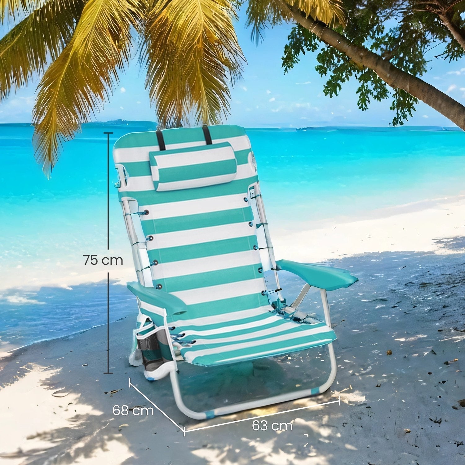 Folding Camping Chair - Fabric - Green and White - Adjustable Backrest with Headrest and Side Pockets