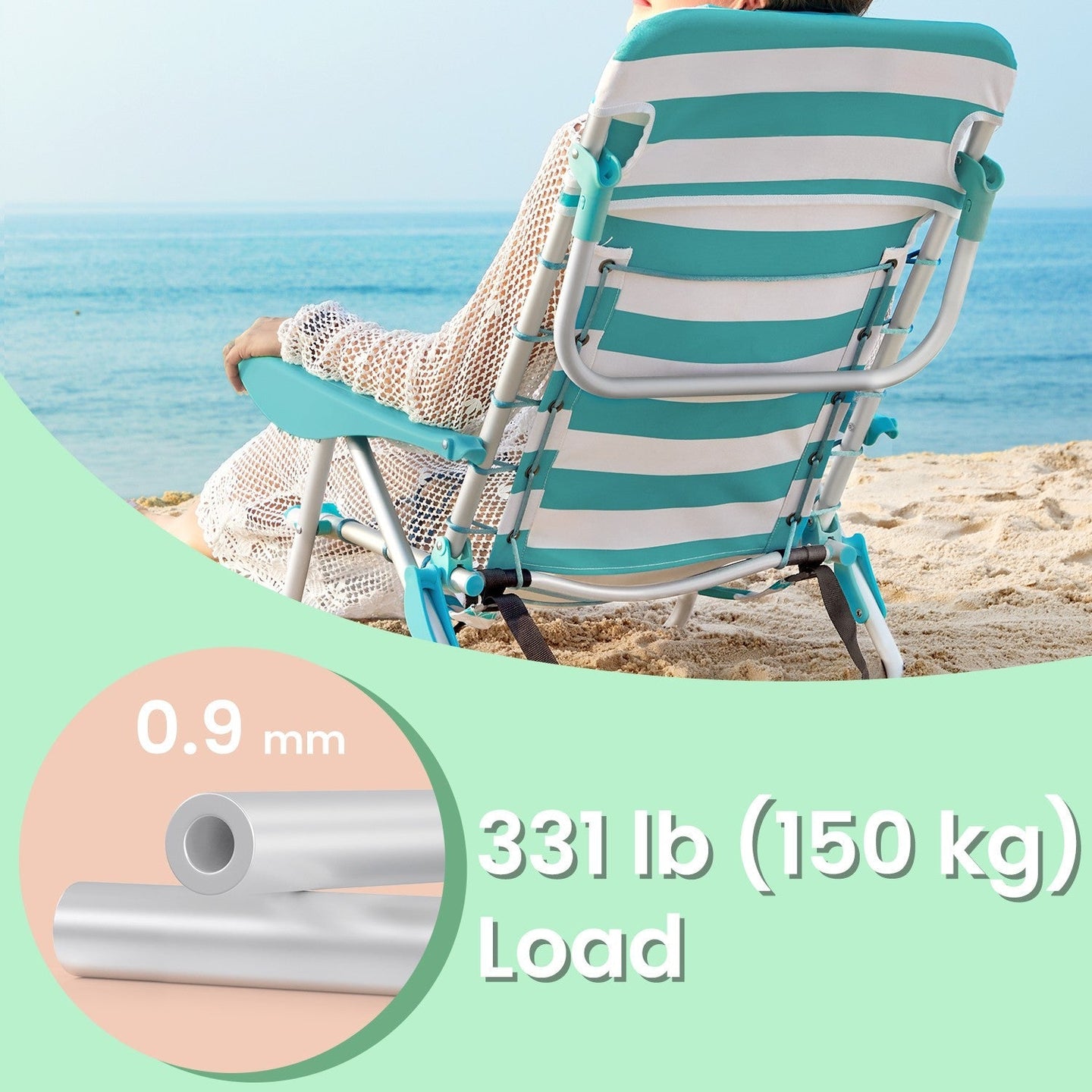 Folding Camping Chair - Fabric - Green and White - Adjustable Backrest with Headrest and Side Pockets