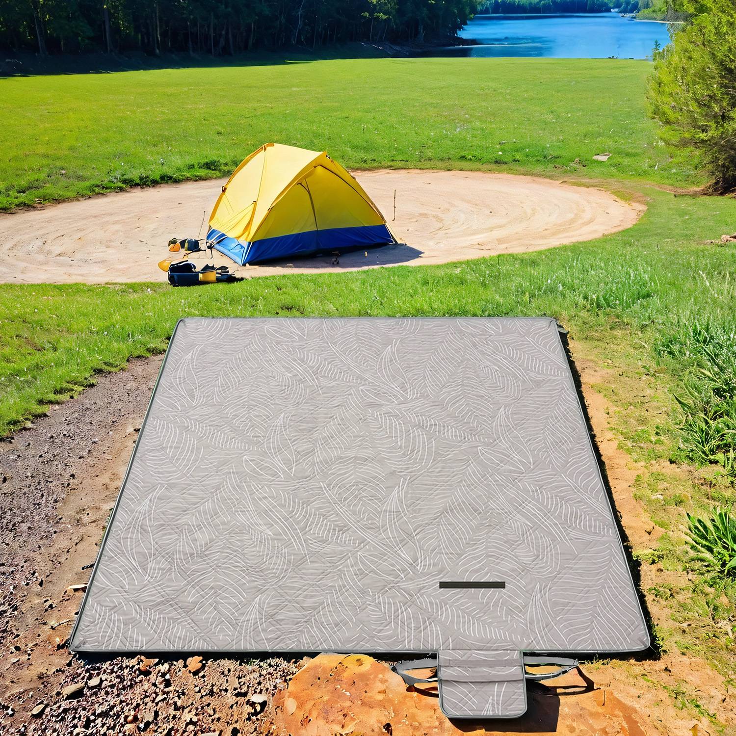 Picnic Blanket - Khaki with Leaf Pattern - Waterproof