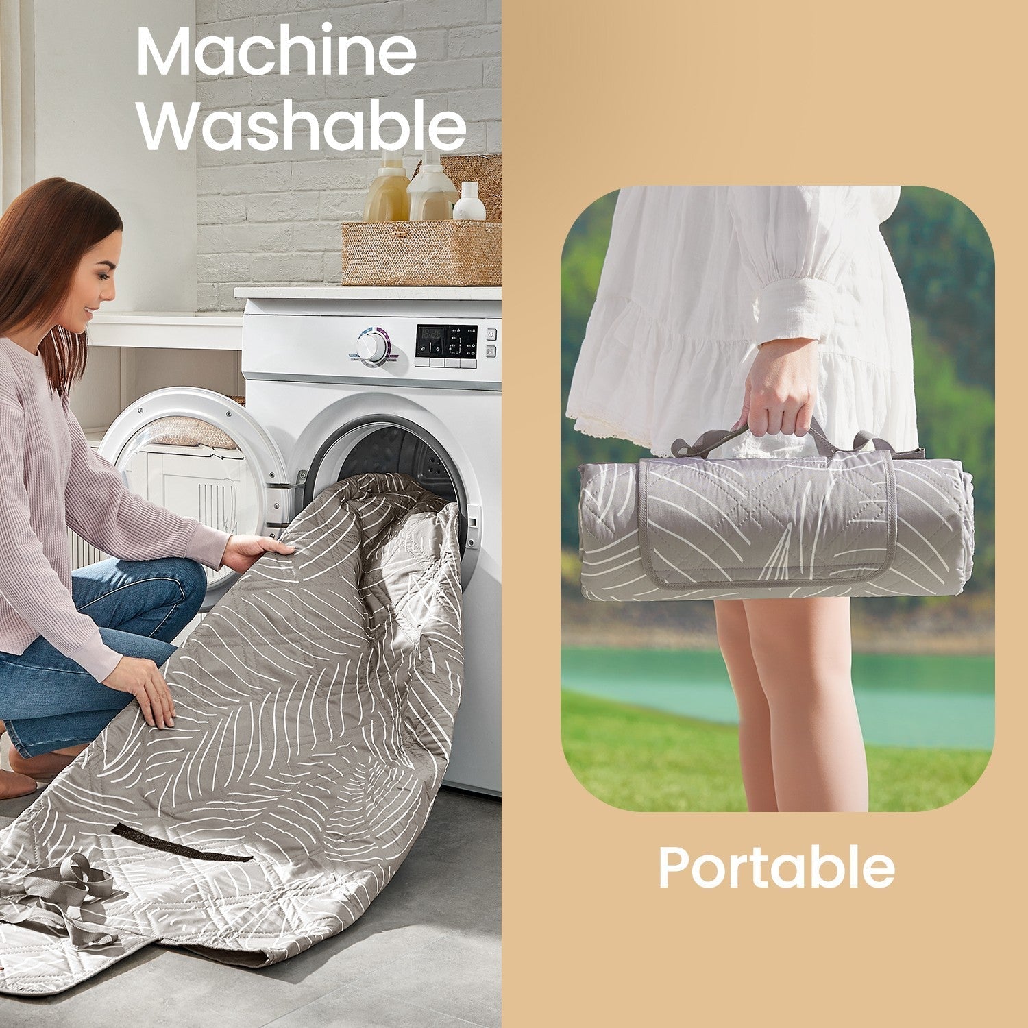Picnic Blanket - Khaki with Leaf Pattern - Waterproof