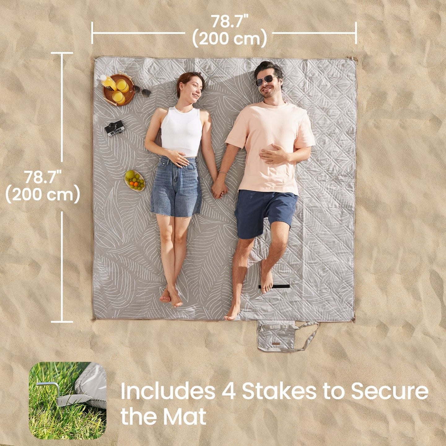 Picnic Blanket - Khaki with Leaf Pattern - Waterproof